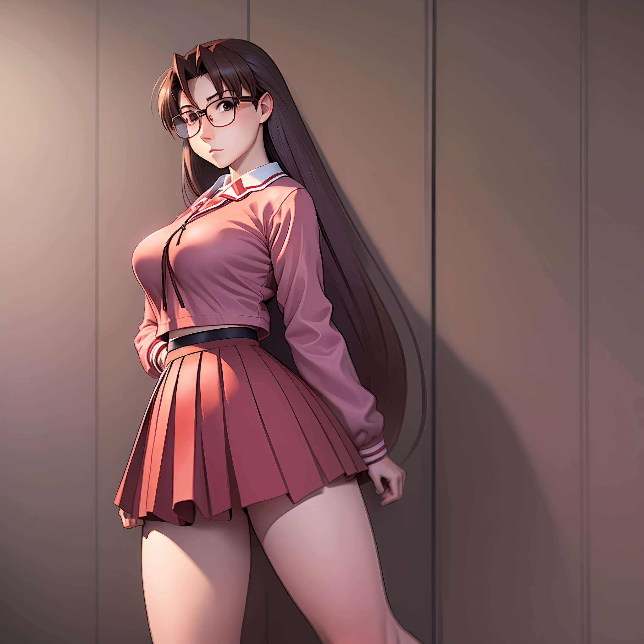 Koyomi Mizuhara, long hair, brunette female, glasses, school girl pinkish red seifuku uniform, medium skirt, huge breasts, thighs, black high knee socks, shoes,