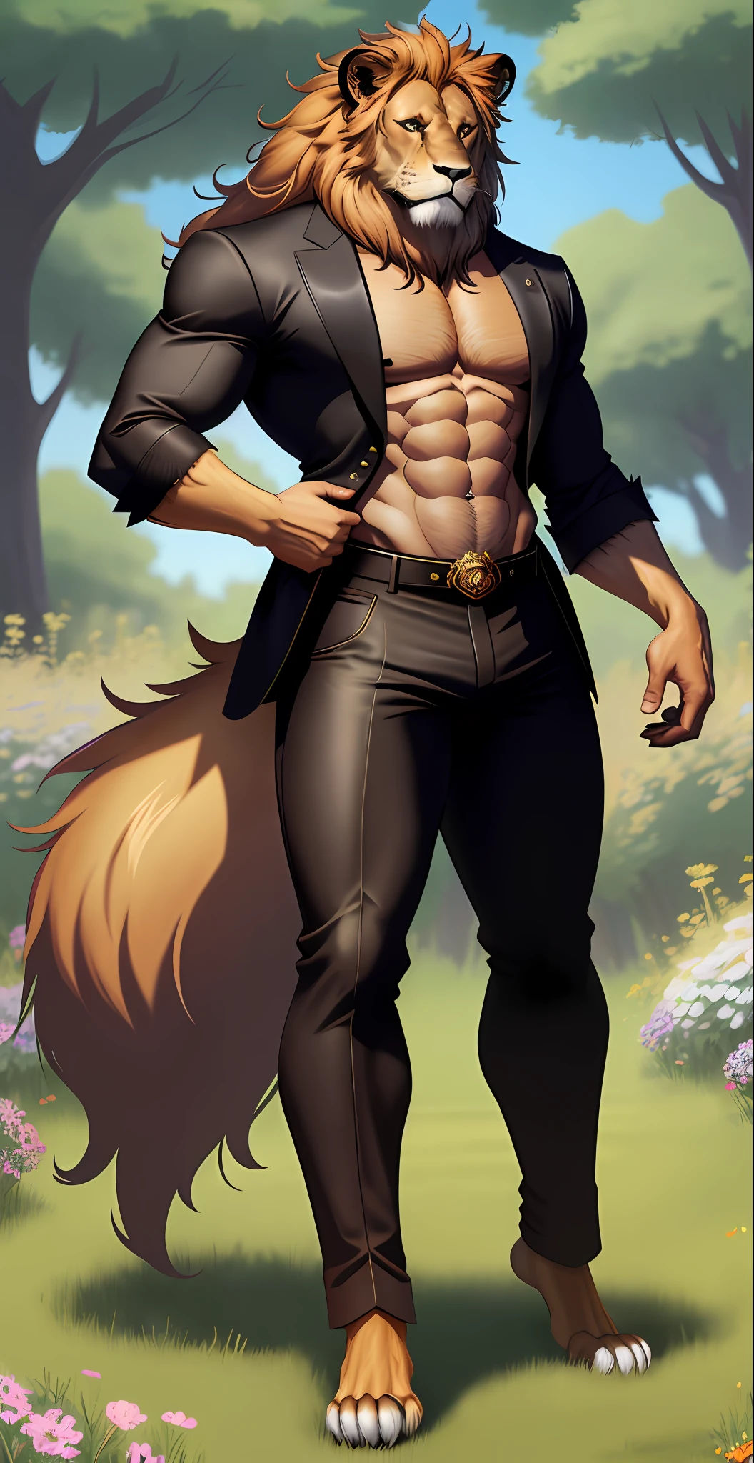 Furry art, brown lion, black mane, full body, male, hand paws, tail, strong, fancy clothes, pants, shirt, anime art style, barefoot, seductive look, romantic, gay, digital art style, hairy body, 8K, dynamic lighting, beautiful, field small wildflowers blue sky, shrubs, NSFW, big bulge.
