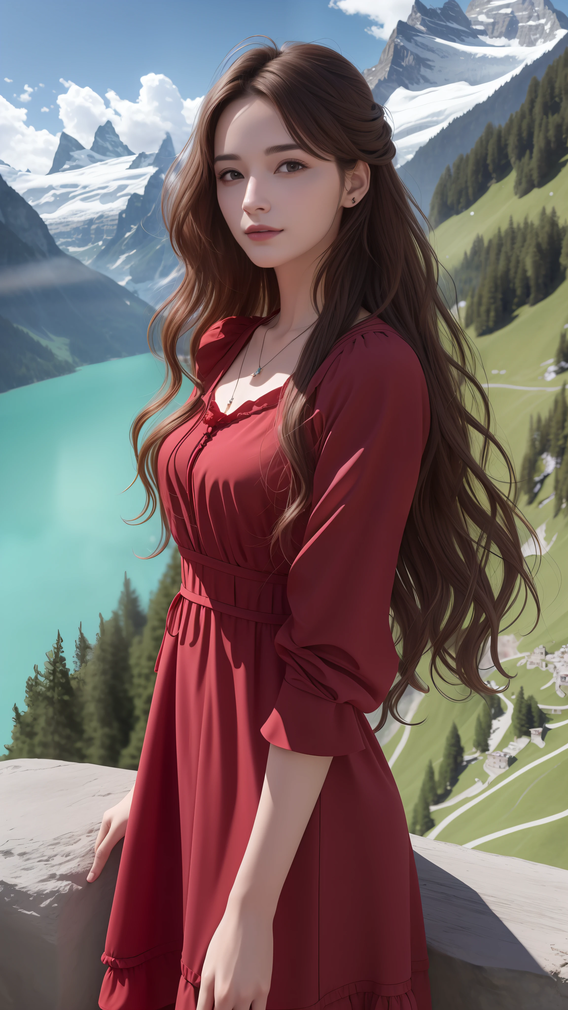 masterpiece,ultra realistic,32k,extremely detailed CG unity 8k wallpaper, best quality,
The Swiss Alps, Switzerland, ( Dark red A-line dress ) ,((spring day )), Beachy waves with a side part ,eardrop,lady ,necklace,