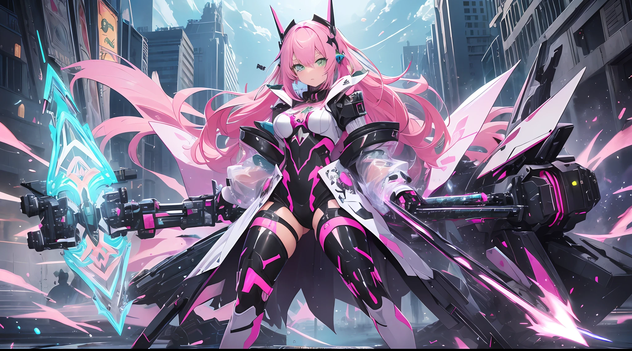 (((masterpiece)))fullbody,fullbodyshot (1 girl)(((pink hair, long hair,straight hair,two side up))), (((green eyes))),eyeshadow, eyeliner,glow eyes, hyper detailed eyes, intricate eyes, beautiful eyes, detailed eyes,((star-shaped pupils,glowing pink pupils))18-year-old girl.((wearing a Transparent jacket made of PVC material)).huge cool Gatling in hands, huge cool weapon machine, mecha, mechanism, machine, open stance,