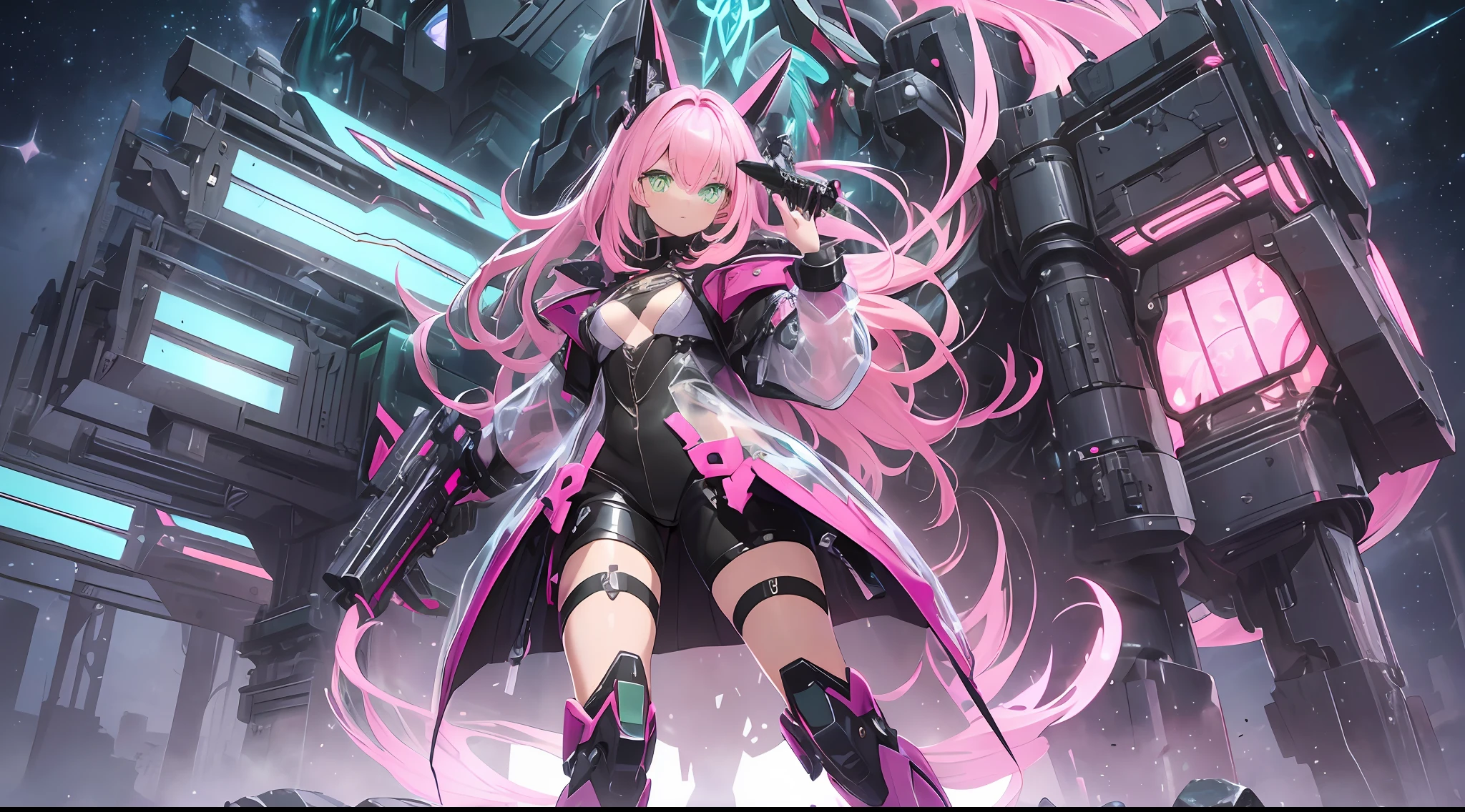 (((masterpiece)))fullbody,fullbodyshot (1 girl)(((pink hair, long hair,straight hair,two side up))), (((green eyes))),eyeshadow, eyeliner,glow eyes, hyper detailed eyes, intricate eyes, beautiful eyes, detailed eyes,((star-shaped pupils,glowing pink pupils))18-year-old girl.((wearing a Transparent jacket made of PVC material)).huge cool Gatling in hands, huge cool weapon machine, mecha, mechanism, machine, open stance,