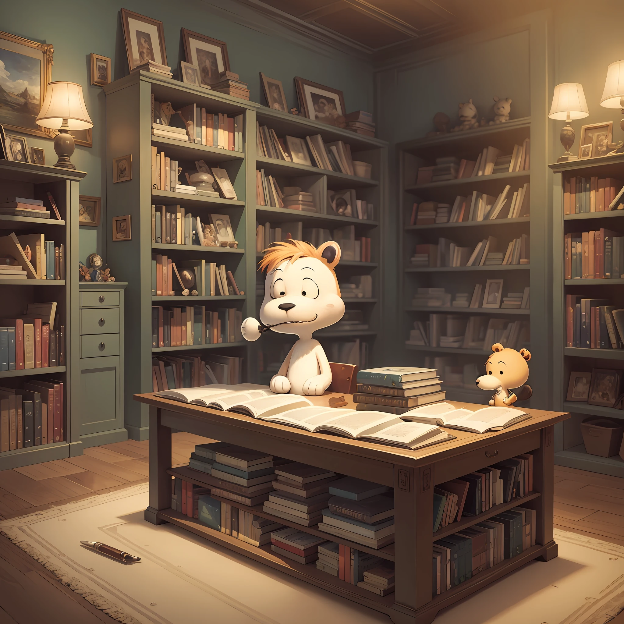 calvin and hobbes and snoopy surrounded by books in a magical room full of fantastic beings. cartoon style art. --auto --s2