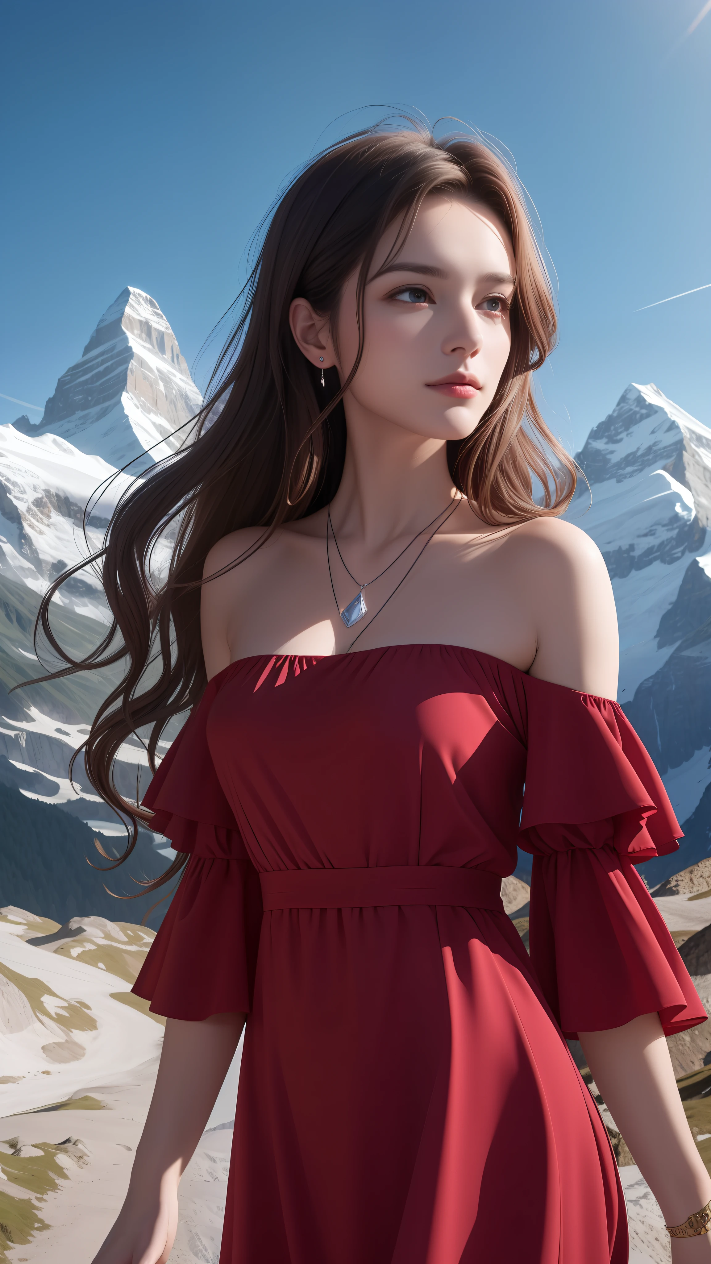 masterpiece,ultra realistic,32k,extremely detailed CG unity 8k wallpaper, best quality,
The Swiss Alps, Switzerland, ( Dark red A-line dress ) ,((spring day )), Beachy waves with a side part ,eardrop,lady ,necklace,