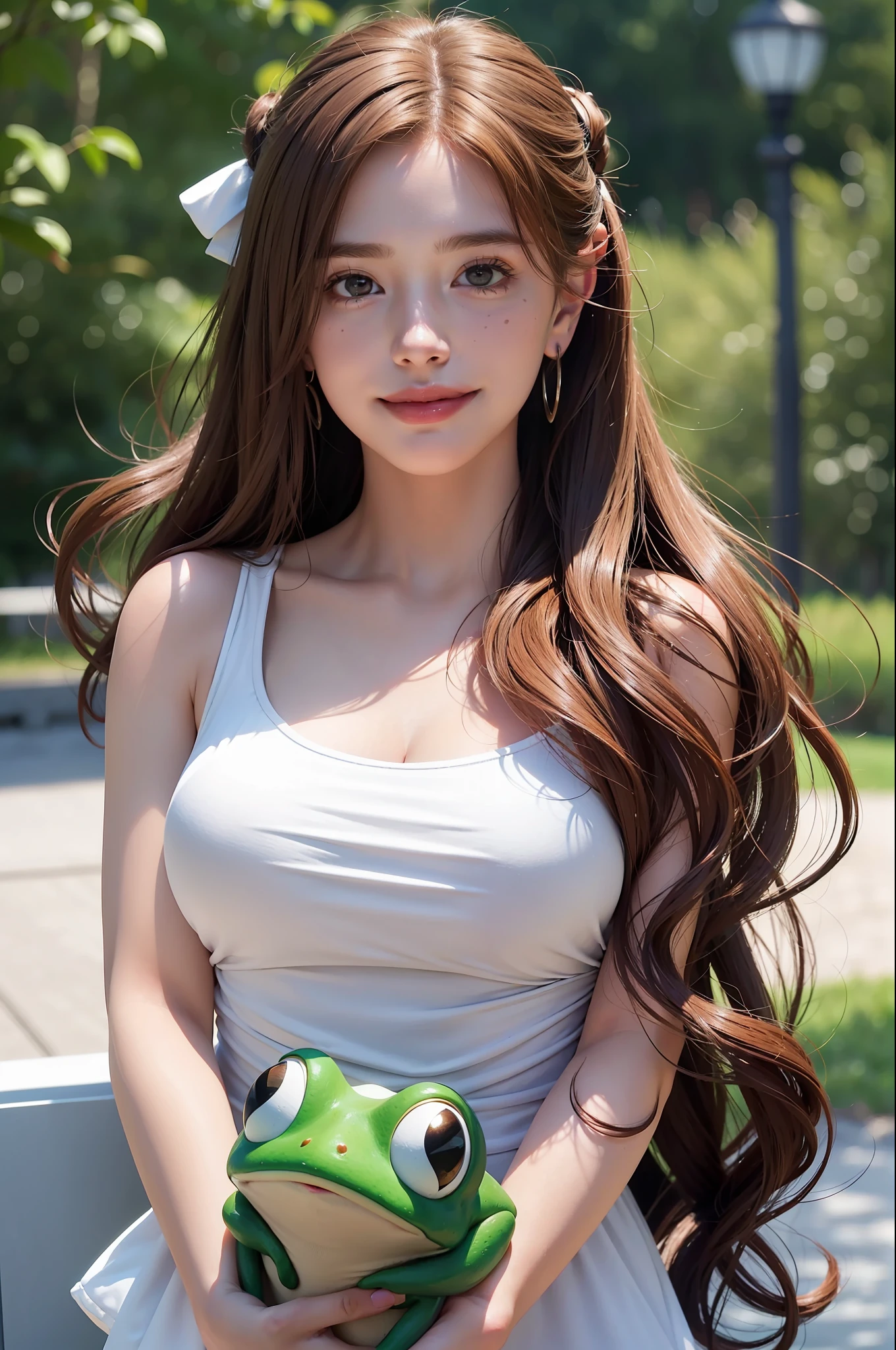 (8k, RAW photos,best quality, high resolution:1.1), (hyperrealistic:1.4),(realistic, photorealistic:1.3), soft light,big breasts,girl,realistic face,realistic body,realistic skin,absurdity,masterpiece,(cute:1.8), cuties, solo, (big breasts:1.2), detailed black eyes,innocent eyes,blusher,(t-shirt:1.2), cinema light,film grain,jewelry,earrings,((Medium hair:1.1)),((Floating Hair Novafrog Style)),cherry colored lips,hair ribbon,hair bow,ponytail,closeup,look viewer,long hair,upper body,open lips,upper teeth, (smiling eyes:0.6),((grinning:1.2)),depth of field, blurred background, eye focus, Bokeh,Young, 85mm Lens, f/1.4,Professional Lighting, Young,Portrait,Photon Mapping,Radiosity,Physically Based Rendering,No Bra