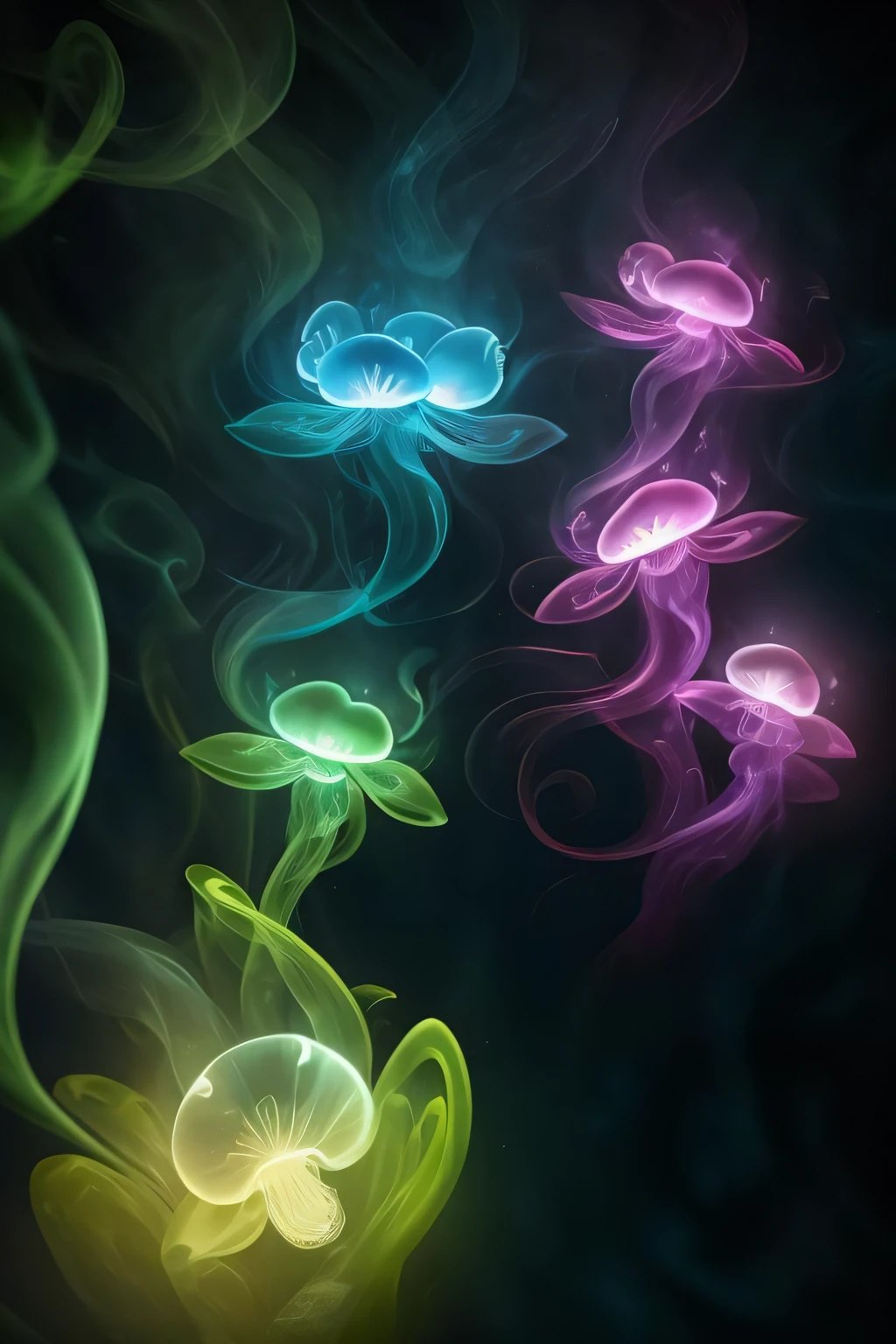 multicolored smoke, fantasy, (otherworldly), (absurdres, intricate details, darkness) BREAK (bioluminescent flora:1.2), glowing_mushrooms, ((glowing_gems, glowing_stones):1.2), unique, creative, inventive, absurdres BREAK ((highres, masterpiece:1.4, best quality:1.2), (ultra-detailed, 8k), (dynamic composition:1.3)), (video game promotion, concept art) Alayna Lemmer