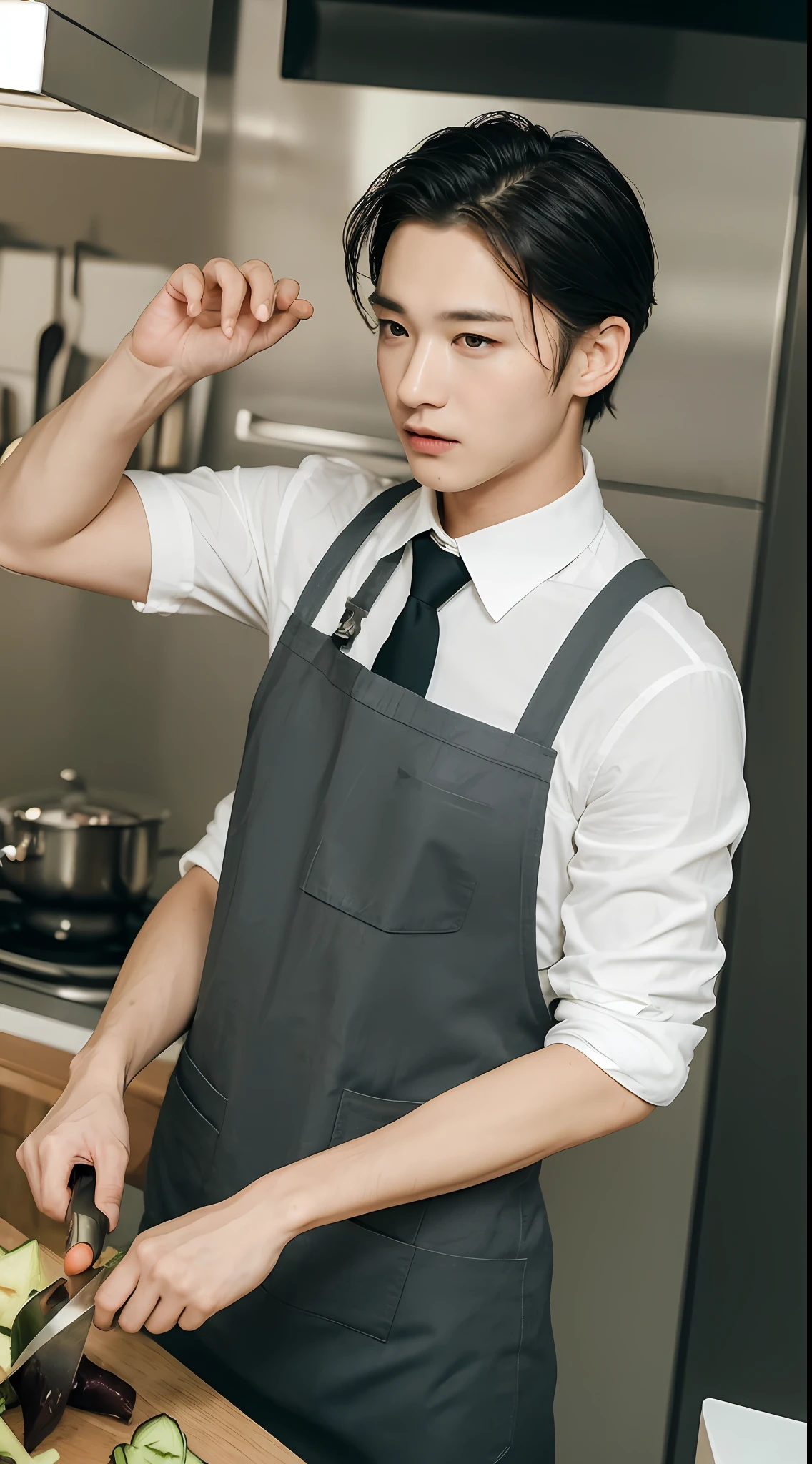 ((top quality, 8k, masterpiece: 1.3)), 1 boy, baby face, cool man who looks good in suit: 1.3, (cutting vegetables with a kitchen knife: 1.3), stainless steel kitchen table (wearing a white apron over a black tie)
