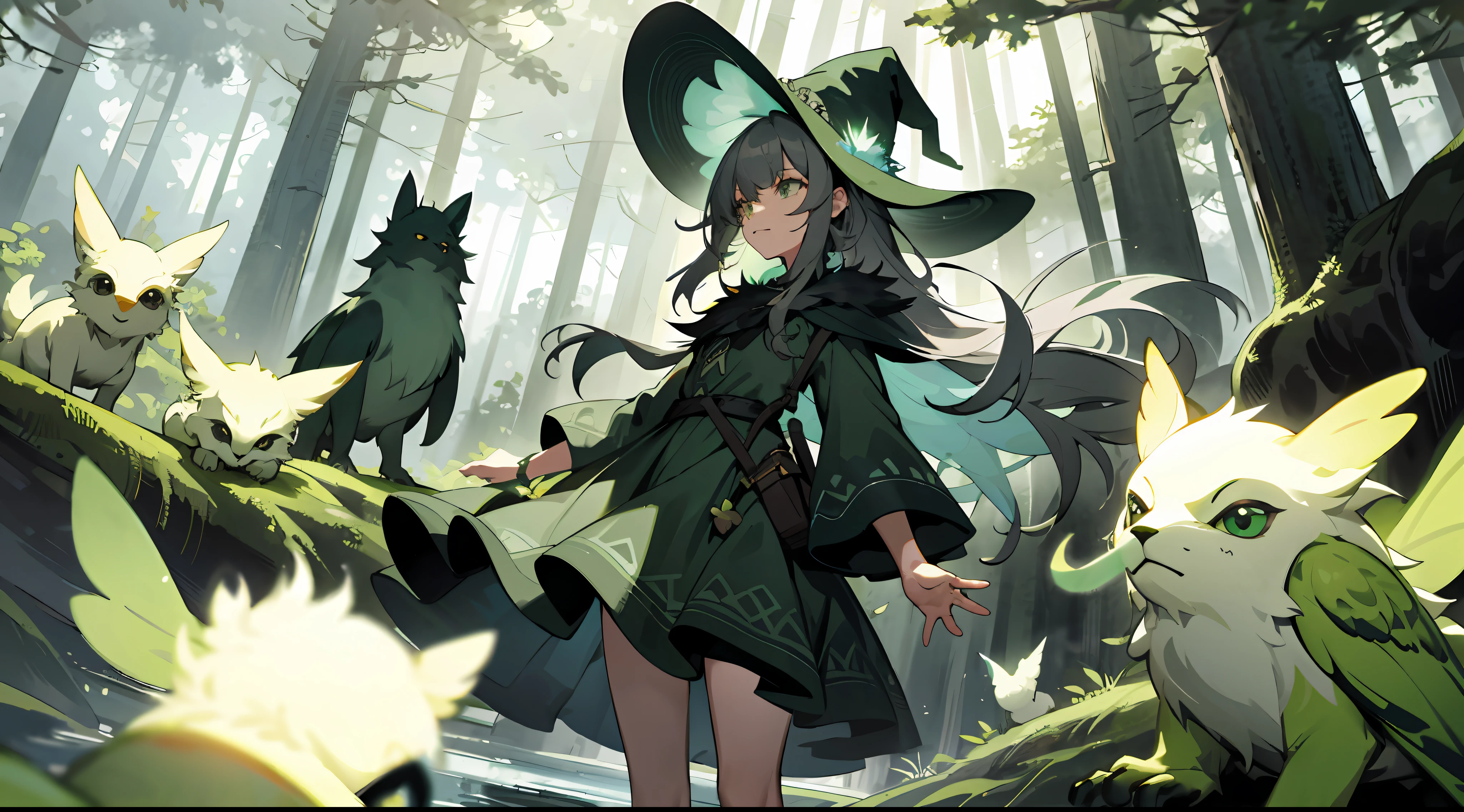 A nature witch, with long, messy hair, wearing a short, green dress, surrounded by animals, in a forest, surrounded by fairies and birds