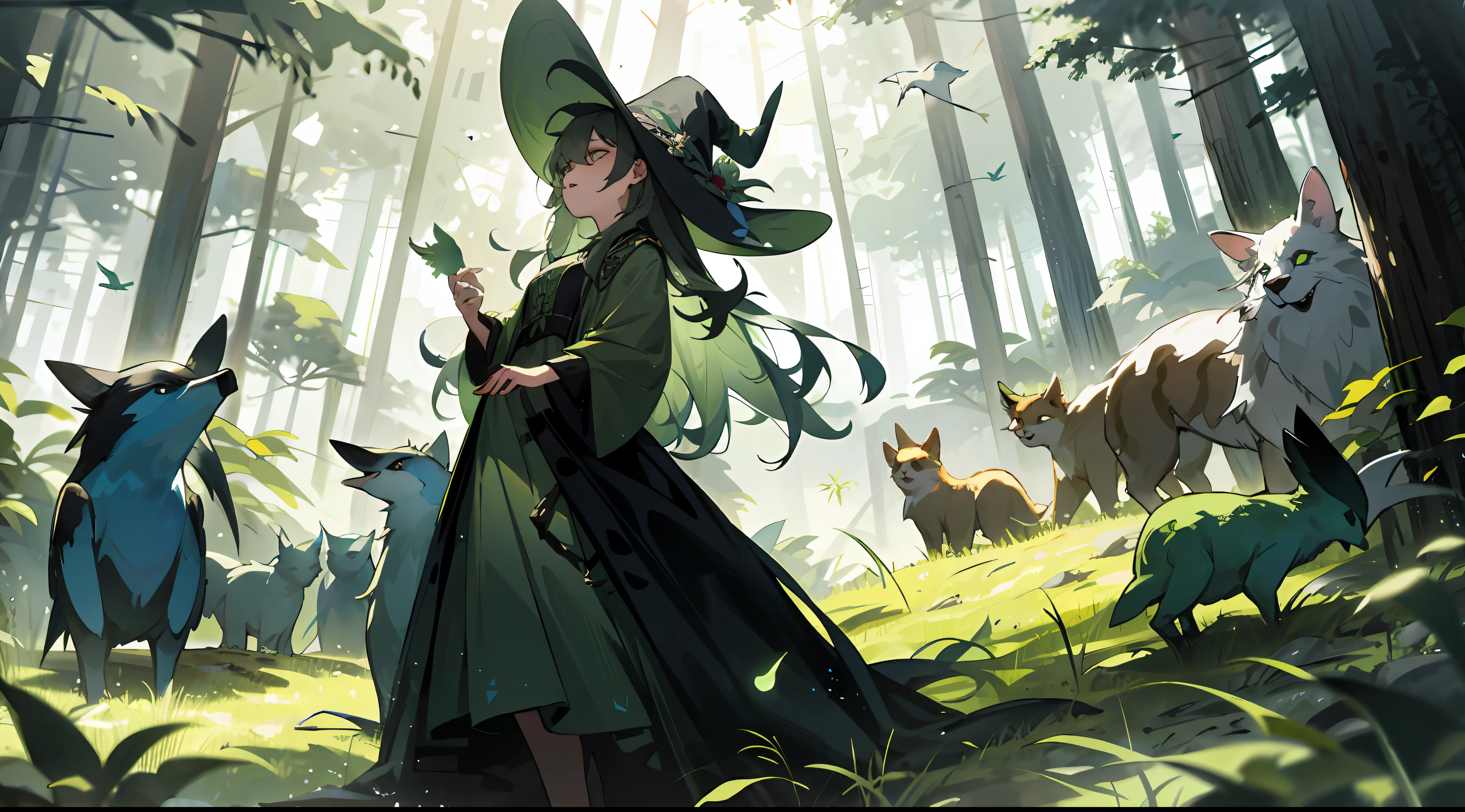 A nature witch, with long, messy hair, wearing a short, green dress, surrounded by animals, in a forest, surrounded by fairies and birds