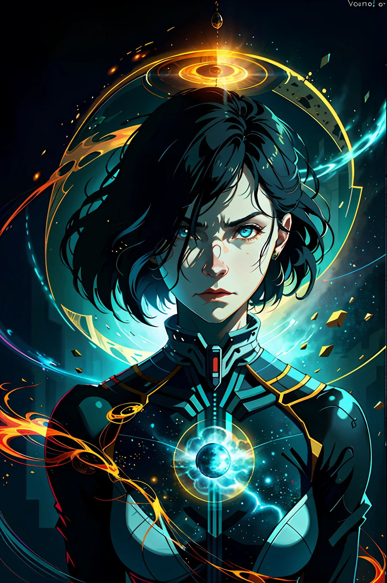 photo, portrait, intimidating Woman floating [a discovery of a wormhole leads to new worlds|a cursed prince must marry a monster], [scifi:fantasy:0.6] cinematic Lighting