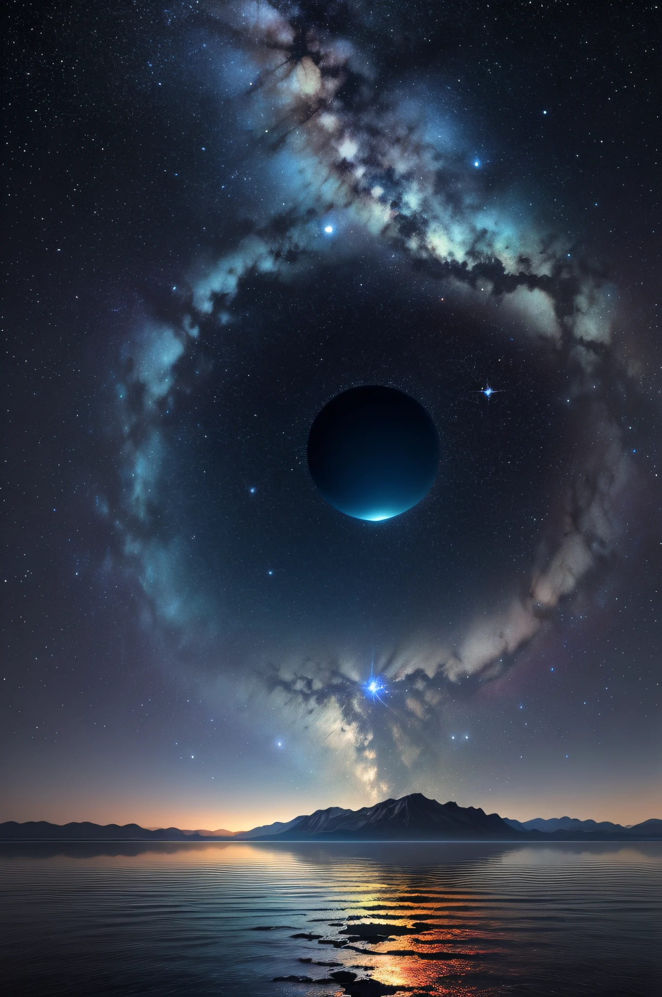 Lake, meteor, star, island in the middle of lake, starry sky, moon, universe, sky shattered, 8k, horizontal plate picture