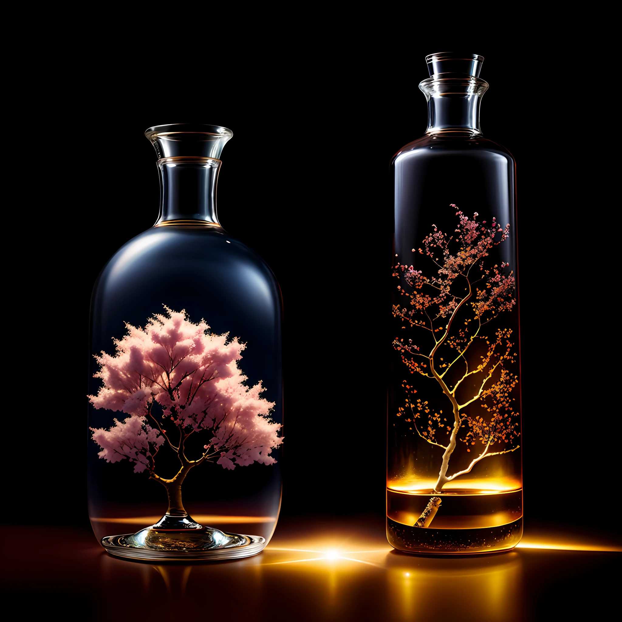 Cherry tree in a bottle, fluffy, realistic, atmospheric light refraction, photographed by lee jeffries, nikon d850 film Stock Photo 4 Kodak portra 400 camera f1.6 lens, rich colors, ultra realistic realistic textures, dramatic lighting, unreal engine trending on artstation cinestill 800, Style-Glass