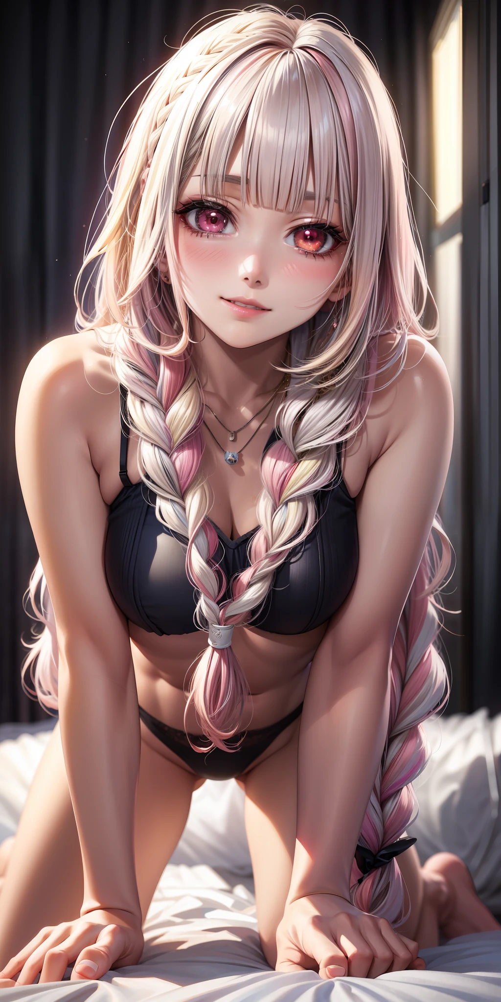 (((anime))), ((animated)), (GAL:1.3), medium hair, (braid hair:1.3), (blunt bangs:1.2),two-tone hair, blonde hair, (pink hair), round face, red eyes, (drooping eyes), (((tareme))),Pink Lip,piercing,necklace,[black skin],(gleaming skin),(smile),shy,blush, ((((cute)))), beautiful, 1 girl, solo,(rlingerie:1.2),beautiful background,(bed:1.5),((morning)),sunlight,backlighting,masterpiece,best quality,exquisite,8k,absurdres,super fine illustration,(looking down at viewer),(slouch),(all fours)
