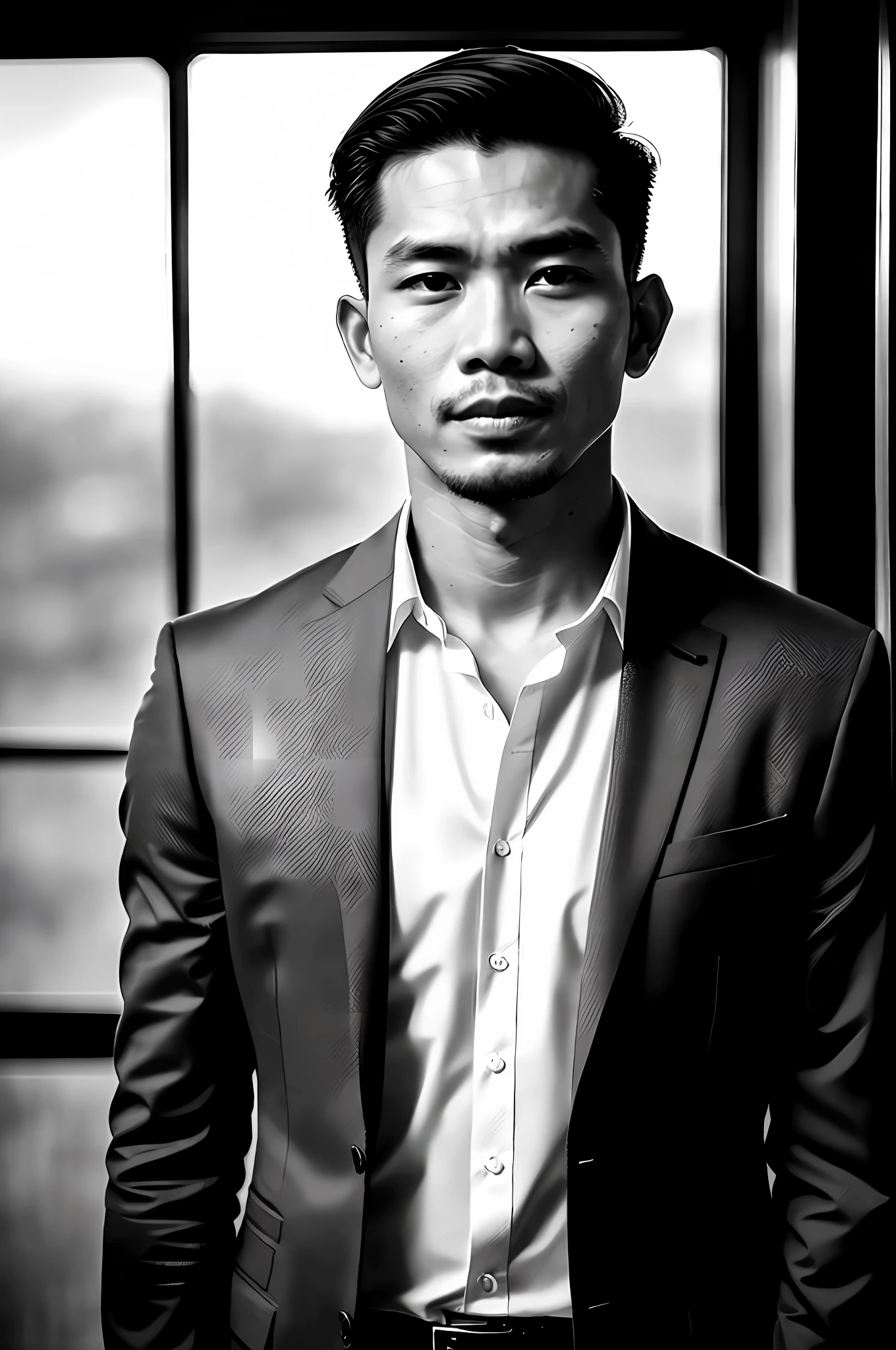 world press photo winner, (award-winning photography:1.3), (modern indonesian man wearing all black mafia boss suit, handsome face, young man, indonesian skin tone, typical Indonesian male features:1.4), (8k, RAW photo, best quality:1.3), (realistic, photo-realistic, modest clothes:1.1), inspiring,  Portait of 2 (handsome typical modern indonesian men indoors:1.5), analog style (look at viewer:1.2) (skin texture) (film grain:1.3), (warm hue, warm tone:1.2), close up, cinematic light, sidelighting, ultra high res, best shadow, RAW, wearing teacher uniform, Microgeometry, skin elasticity, light scattering through hair, ambient occlusion, multi-layer skin shading, facial muscle simulation, iris and pupil rendering, advanced color grading, all black mafia boss outfit, smirking, medium shot, dynamic poses, crossing hands,