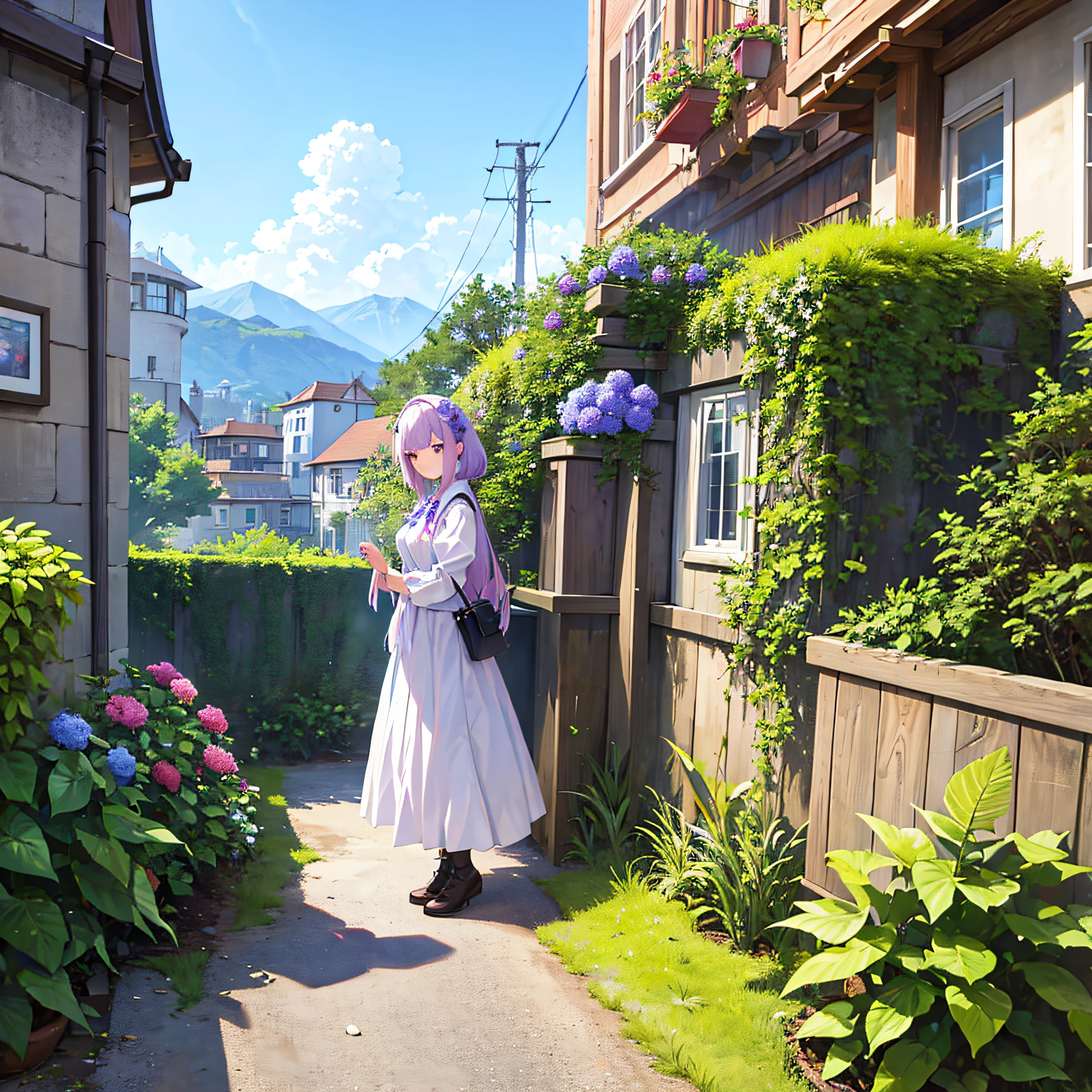 (ultra high res,photorealistic,best quality,photo-realistic),(8k,raw photo,best quality,masterplece),(photon mapping,radiosity,physically-based rendering,automatic white balance),real person,photograph,bridge, building, bush, city, cloud, day, door, fence, field,orest, garden, grass, house, hydrangea, mountain, nature, no_humans, outdoors, path, plant, potted_plant, purple_flower, road, scenery, sky, skyscraper, traditional_media, tree,