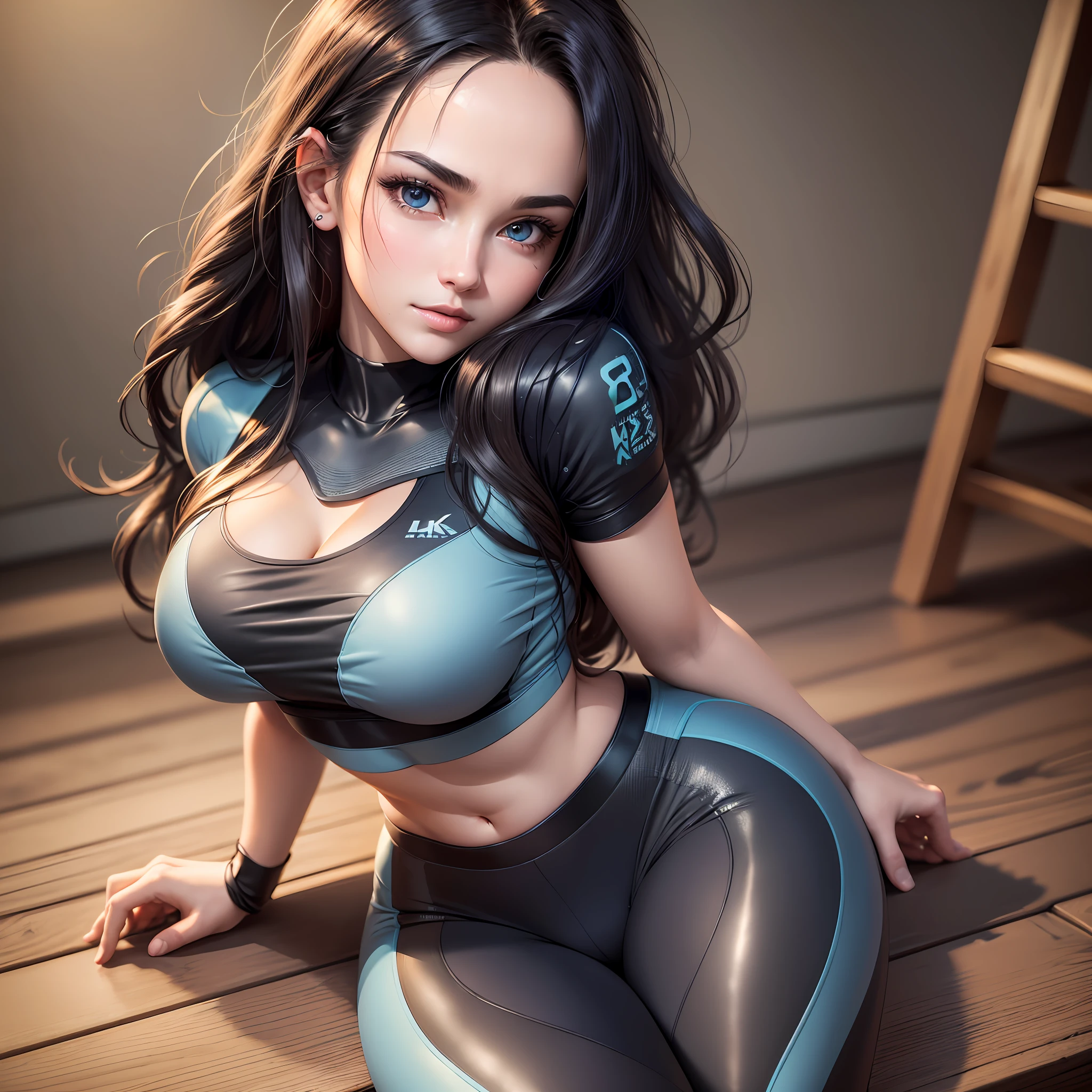 (Best Quality, Masterpiece, 8K, Ultra High Resolution, Realistic, Close-up, Photon Mapping, Teleportion, Physically Based Rendering: 1.2), (Beautiful Fine Face and Smooth Forehead and Long Black Hair and Messy Hair: 1.2), (Colored Clothes: 1.5), (Beautiful Face and Delicate Whitening of Face, Extremely Detailed 8K Color Clothes: 1.2), 1 Girl, Seated, Sexy Seductive Pose, (Single, Full Body, Young, Big Breasts: 1.2), Detailed Face, Shiny Skin, Intricate details, sportswear and tight sweatpants, clothes and pants with elastic breathable material that fits perfectly to the figure, looking at the audience.