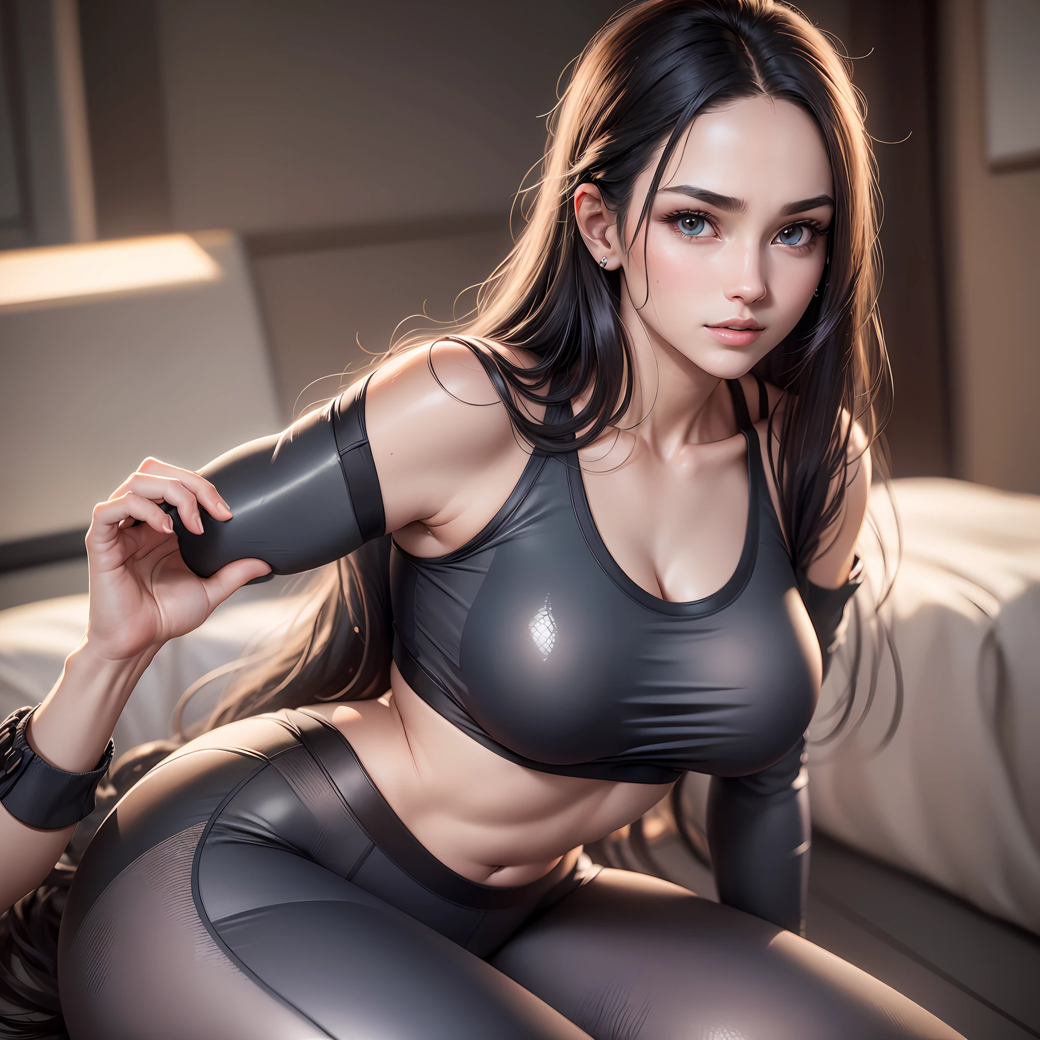 (Best Quality, Masterpiece, 8K, Ultra High Resolution, Realistic, Close-up, Photon Mapping, Teleportion, Physically Based Rendering: 1.2), (Beautiful Fine Face and Smooth Forehead and Long Black Hair and Messy Hair: 1.2), (Colored Clothes: 1.5), (Beautiful Face and Delicate Whitening of Face, Extremely Detailed 8K Color Clothes: 1.2), 1 Girl, Seated, Sexy Seductive Pose, (Single, Full Body, Young, Big Breasts: 1.2), Detailed Face, Shiny Skin, Intricate details, sportswear and tight sweatpants, clothes and pants with elastic breathable material that fits perfectly to the figure, looking at the audience.
