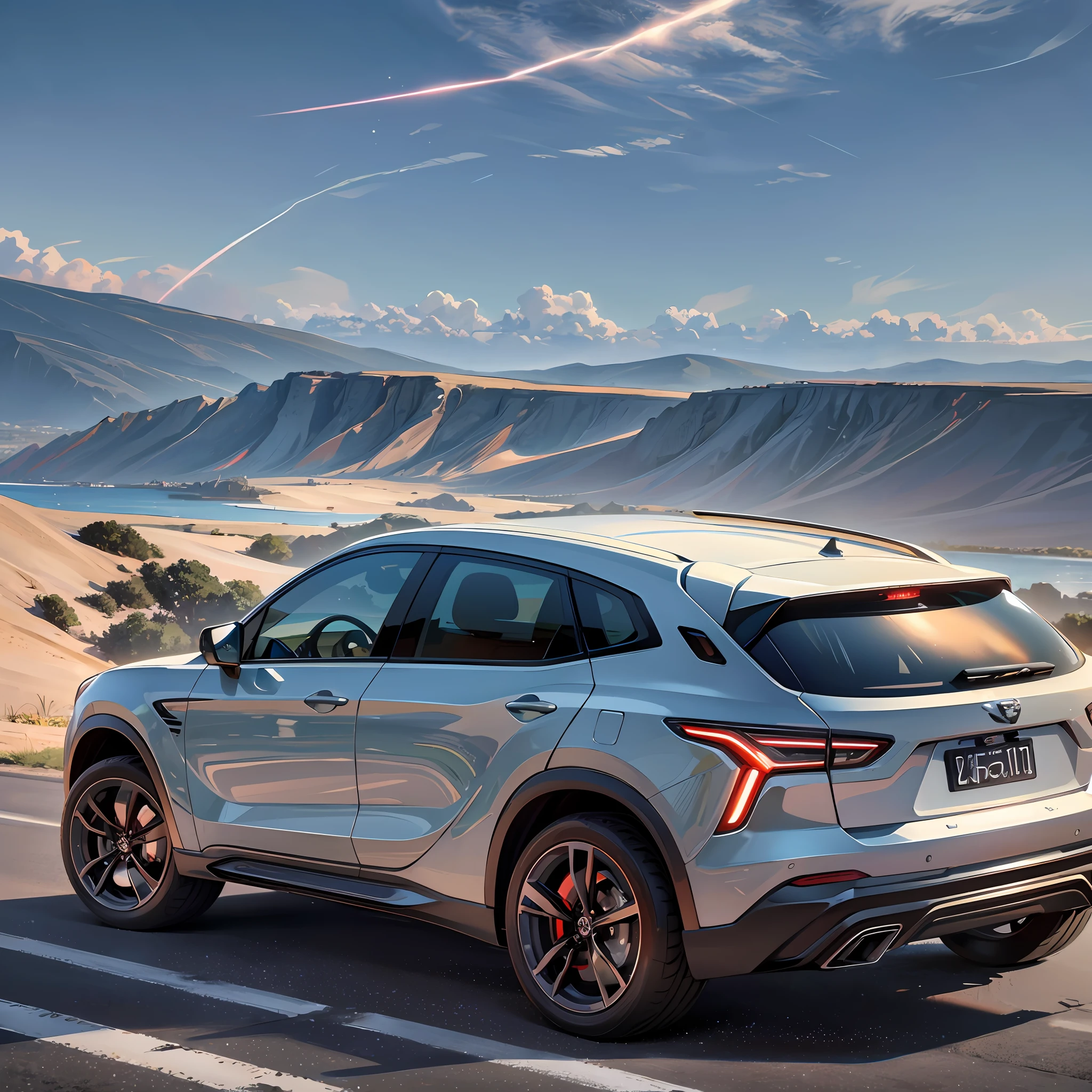 ray tracing, UHD, high quality, high detail, best quality, high resolution, 8k, a cool SUV, surrealism, electric elements, noon, cliff, motion blur, ultra wide angle, eye-level shot, --auto --s2