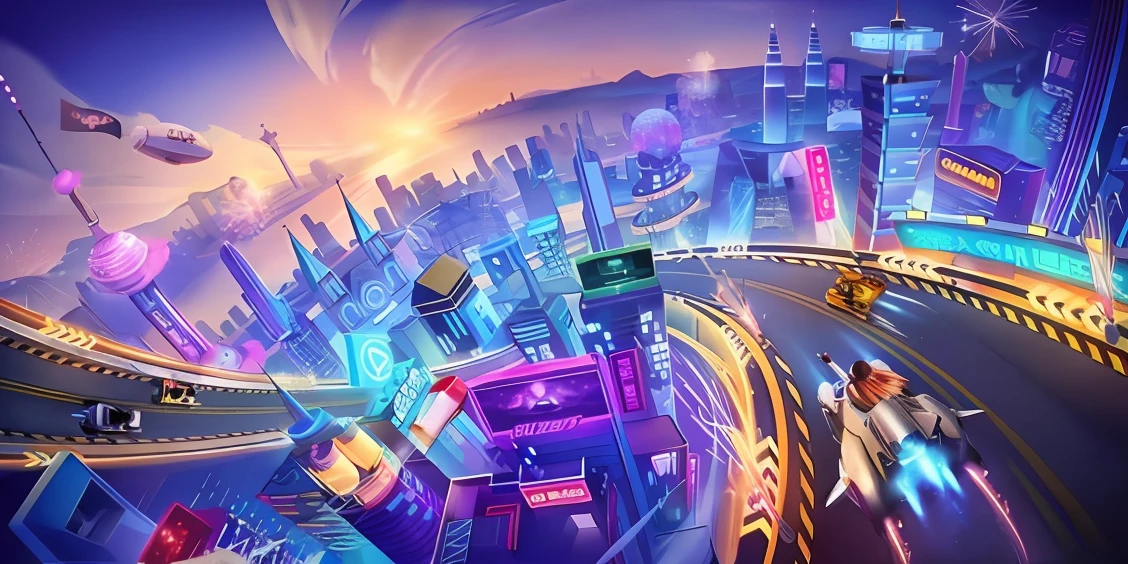 Cartoon game scene, Q version style, cute, bustling city, high-rise building, casino, slot, outdoor scene, starry sky, crazy zootopia style, animated movie scene, Disney, Pixar, concept art, surrealism, cinematic lighting, atmospheric perspective, UHD, high quality, masterpiece