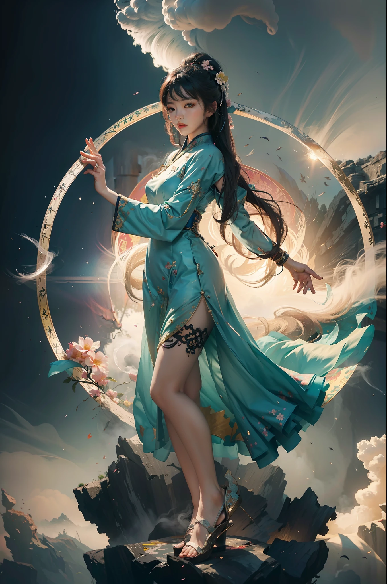 Zhong Fenghua, 1 girl, (full body:1.5) ,solo, hanfu, flower field, blossom, (white smoke:1.3) (realistic:1.4), zen entanglement, mandala, entanglement, official art, unity 8k wallpaper, super detailed, beautiful and beautiful, masterpiece, best quality, (dynamic angle: 1.4), glowing skin, (floating colorful flashes: 1) the most beautiful chaotic forms, elegance, brutalist design, bright colors, romantic depth of field,