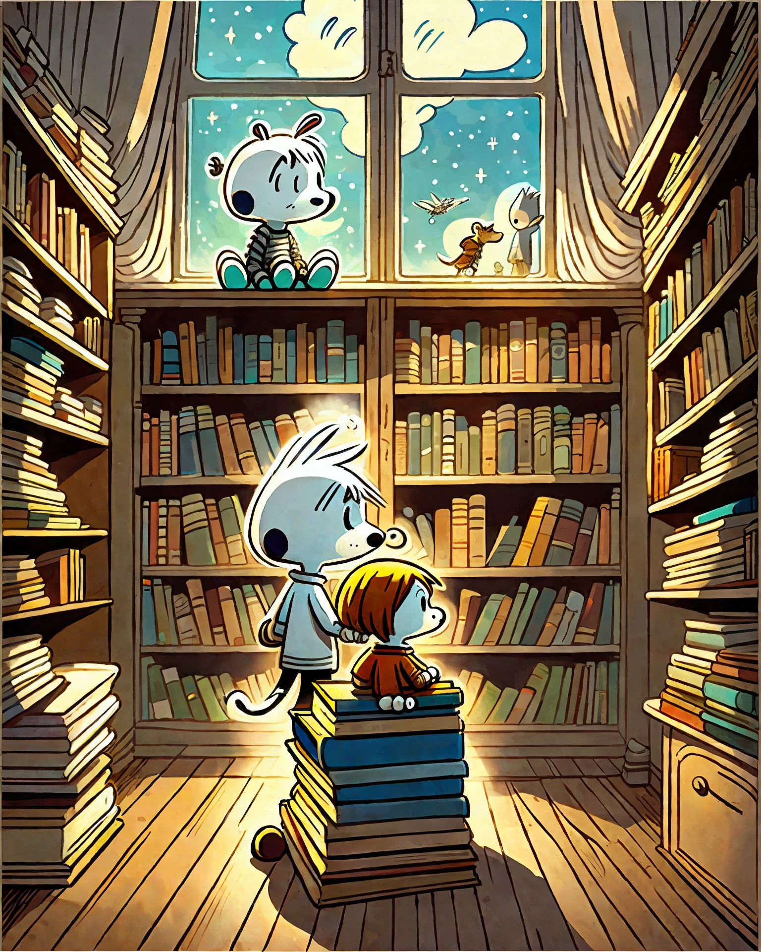 calvin and hobbes and snoopy surrounded by books in a magical room full of fantastic beings. cartoon style art. --auto --s2