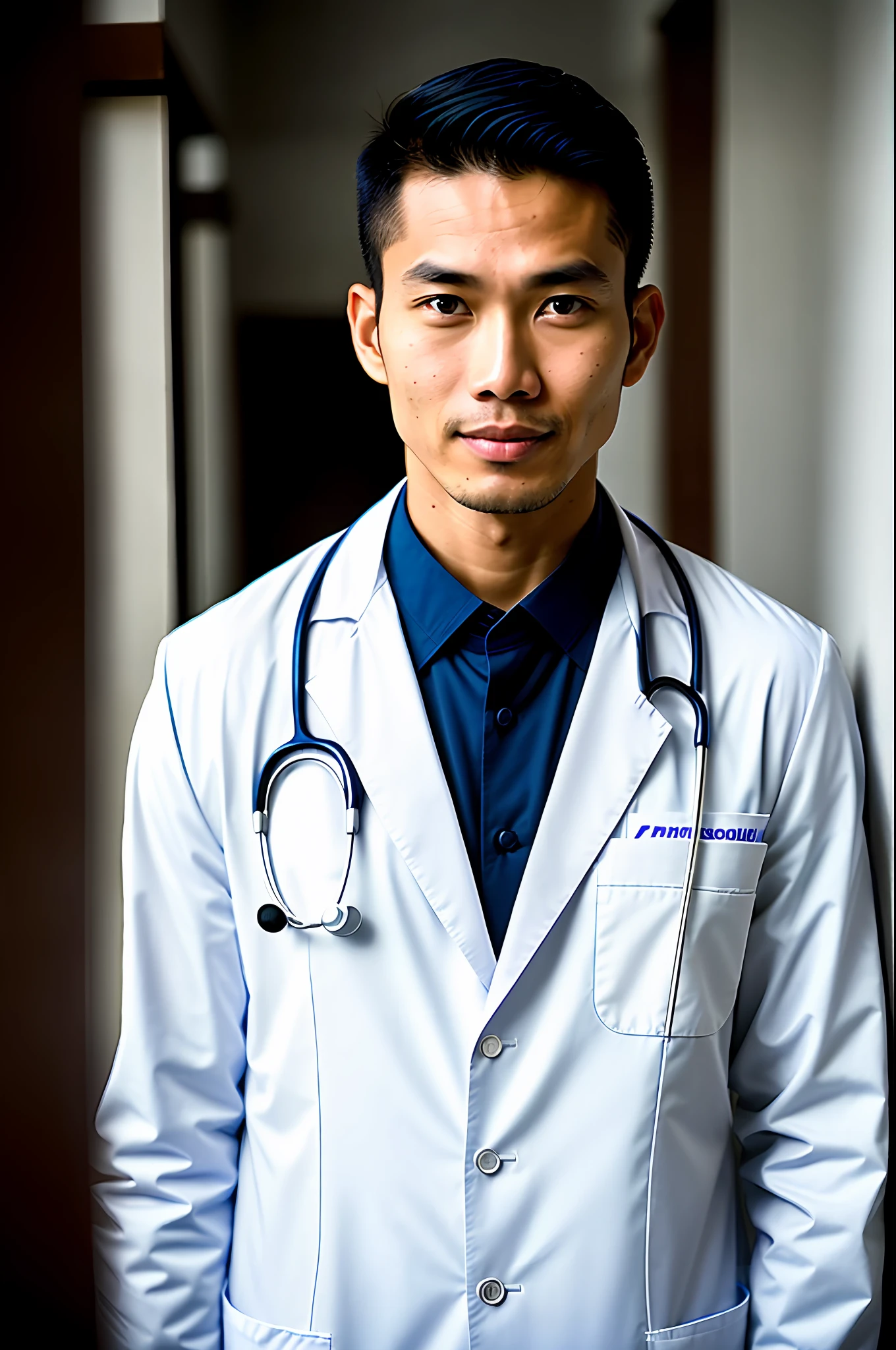 world press photo winner, (award-winning photography:1.3), (modern indonesian man wearing doctor suit, handsome face, young man, indonesian skin tone, typical Indonesian male features:1.4), (8k, RAW photo, best quality:1.3), (realistic, photo-realistic, modest clothes:1.1), inspiring, Portait of 2 (handsome typical modern indonesian men indoors:1.5), analog style (look at viewer:1.2) (skin texture) (film grain:1.3), (warm hue, warm tone:1.2), close up, cinematic light, sidelighting, ultra high res, best shadow, RAW, wearing teacher uniform, Microgeometry, skin elasticity, light scattering through hair, ambient occlusion, multi-layer skin shading, facial muscle simulation, iris and pupil rendering, advanced color grading, doctor outfit, smirking, medium shot, dynamic poses, crossing hands, hospital