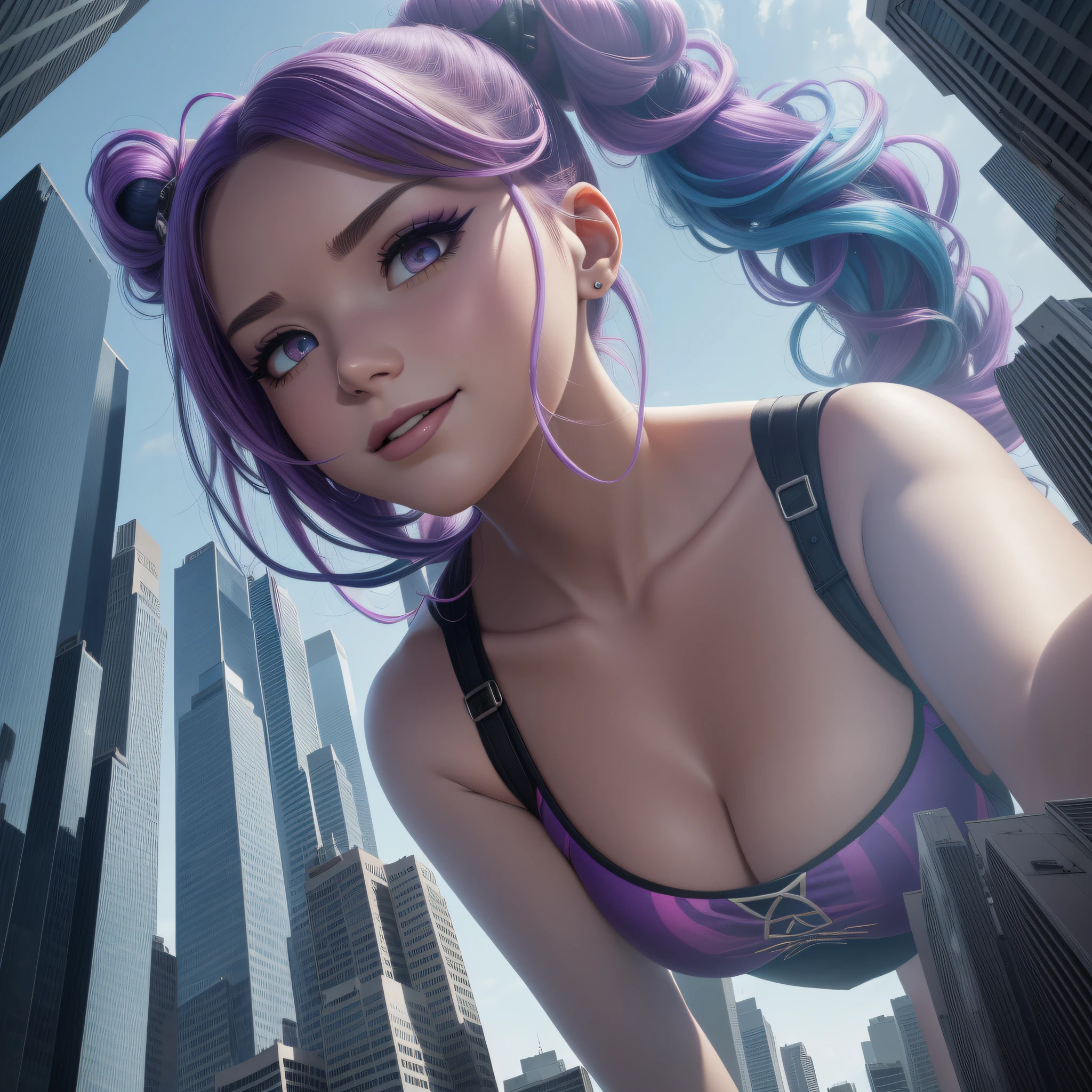 beautiful giant girl looking between the skyscrapers, makeup, smile, licking lips, bright pupils, tsundere, evil, longeyelashes, purple eyes, multicolored hair, dark blue hair, pink hair, gradient hair, twintails, high detail, cinematic lighting, pov, perspective, from below, low angle view, Nikon, Canon, 135mm, f/4.0, macro photo, collage, UHD, masterpiece, ccurate, anatomically correct, textured skin, super detail, high details, high quality, best quality, highres, award winning, 4K, 8k, 16k