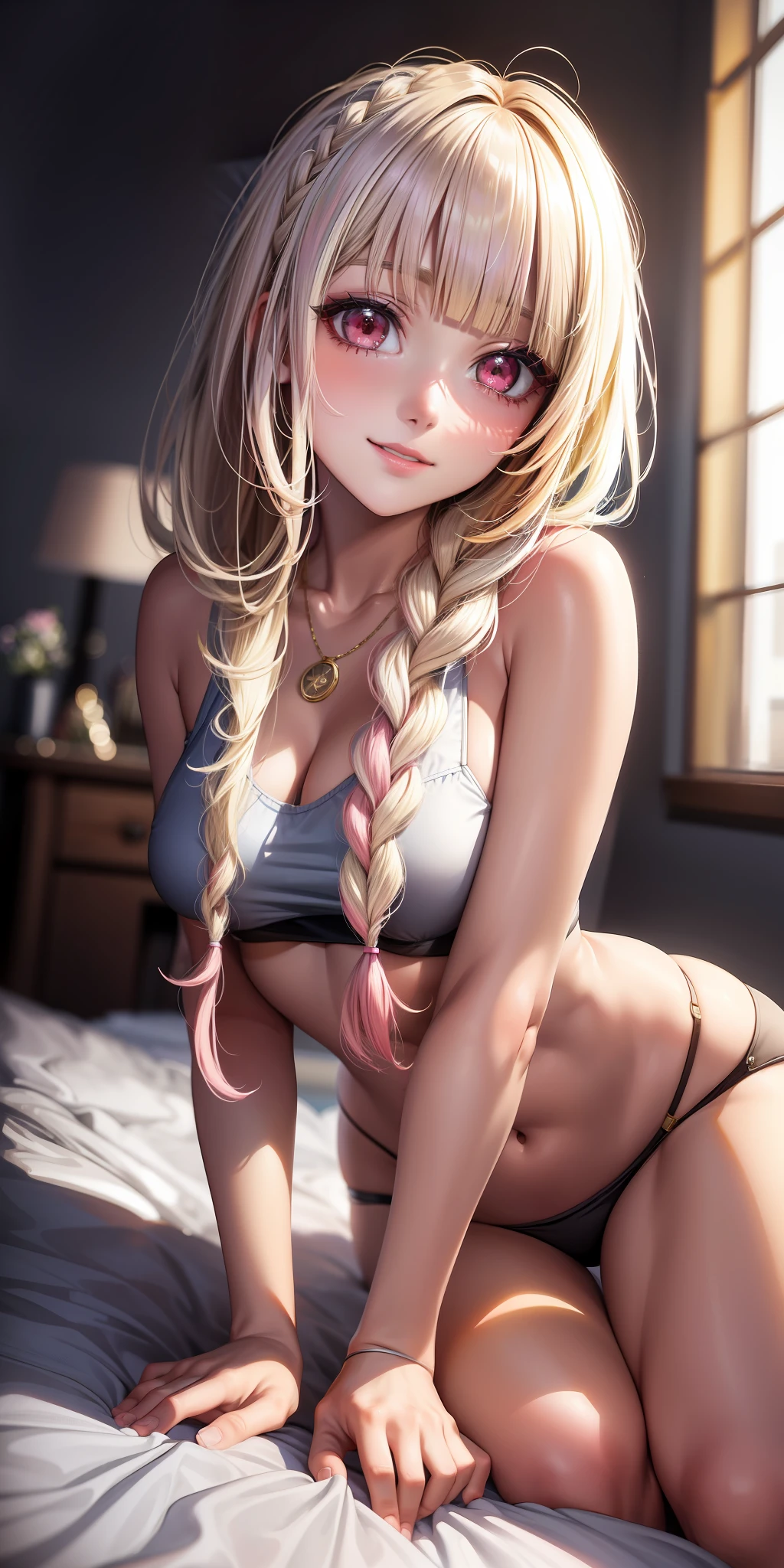 (((anime))), ((animated)), (GAL:1.3), medium hair, (braid hair:1.3), (blunt bangs:1.2),two-tone hair, blonde hair, (pink hair), round face, red eyes, (drooping eyes), (((tareme))),Pink Lip,piercing,necklace,[black skin],(gleaming skin),(smile),shy,blush, ((((cute)))), beautiful, 1 girl, solo,(rlingerie:1.2),beautiful background,(bed:1.5),((morning)),sunlight,backlighting,masterpiece,best quality,exquisite,8k,absurdres,super fine illustration,((looking down at viewer)),(slouch),(all fours)