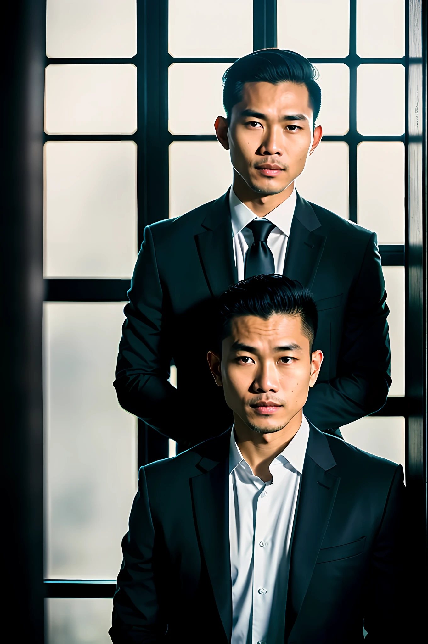 world press photo winner, (award-winning photography:1.3), (modern indonesian man wearing all black mafia boss suit, handsome face, young man, indonesian skin tone, typical Indonesian male features:1.4), (8k, RAW photo, best quality:1.3), (realistic, photo-realistic, modest clothes:1.1), inspiring, Portait of 2 (handsome typical modern indonesian men indoors:1.5), analog style (look at viewer:1.2) (skin texture) (film grain:1.3), (warm hue, warm tone:1.2), close up, cinematic light, sidelighting, ultra high res, best shadow, RAW, wearing teacher uniform, Microgeometry, skin elasticity, light scattering through hair, ambient occlusion, multi-layer skin shading, facial muscle simulation, iris and pupil rendering, advanced color grading, all black mafia boss outfit, smirking, medium shot, dynamic poses, crossing hands, big eyes