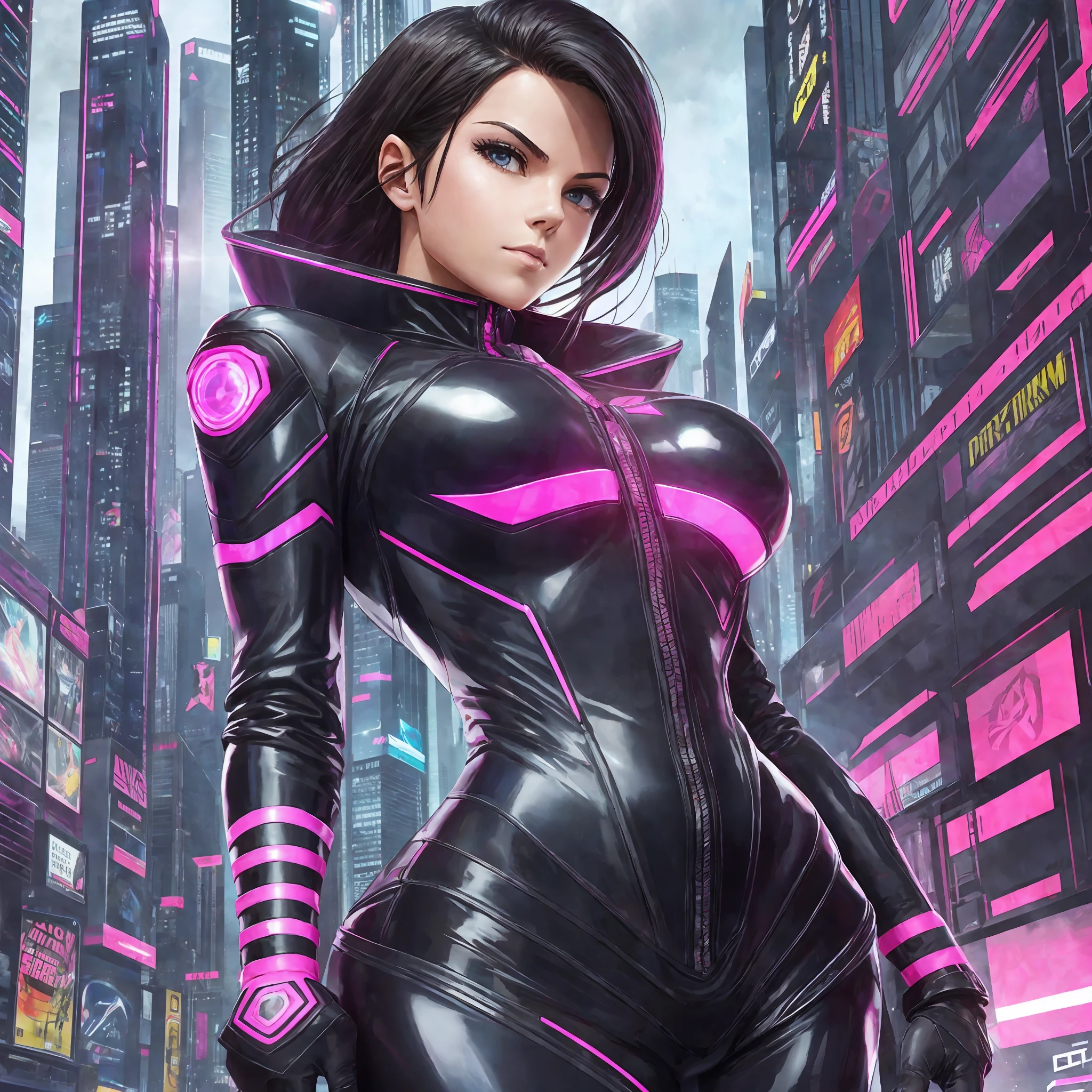 arafed woman in a black latex suit holding a pink, cybersuit, tracer in a tight dress, wearing a graphite jumpsuit, no zipper éclair, cyberpunk polished latex suit, thick, cyberpunk bodysuit, photorealistic perfect body, skintight black bodysuit, cybersuits, cyber suit, stealth suit, cyberpunk oppai, laserpunk fullbodysuit --auto --s2