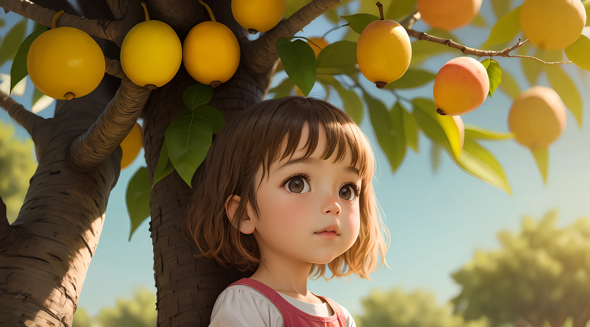 The picked a Mango from a tree. Illustration style, brunette hair, HD.