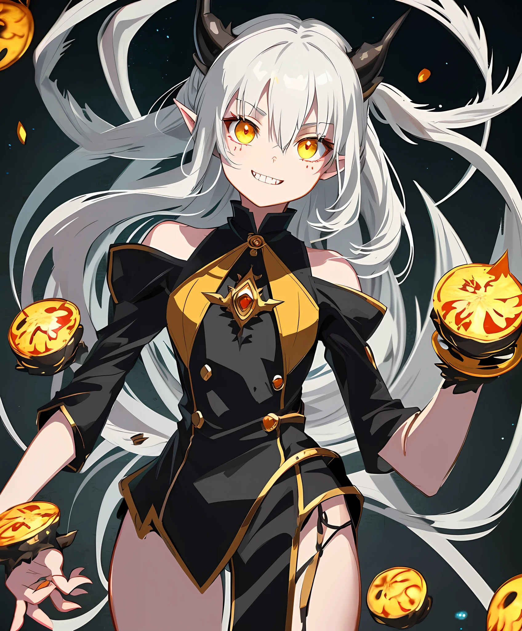 2D, masterpiece, best quality, anime, highly detailed face, highly detailed eyes, highly detailed background, perfect lighting, full body, 1girl, solo, dragon girl, incredibly detailed face and neck scales, dragon horns, bare shoulders, sharp teeth, standing, barefoot, incredibly detailed shoulder and forearm scales, cute smile, incredibly detailed yellow cat eyes,  white hair, incredibly detailed black locks, pointy ears, medium hair
