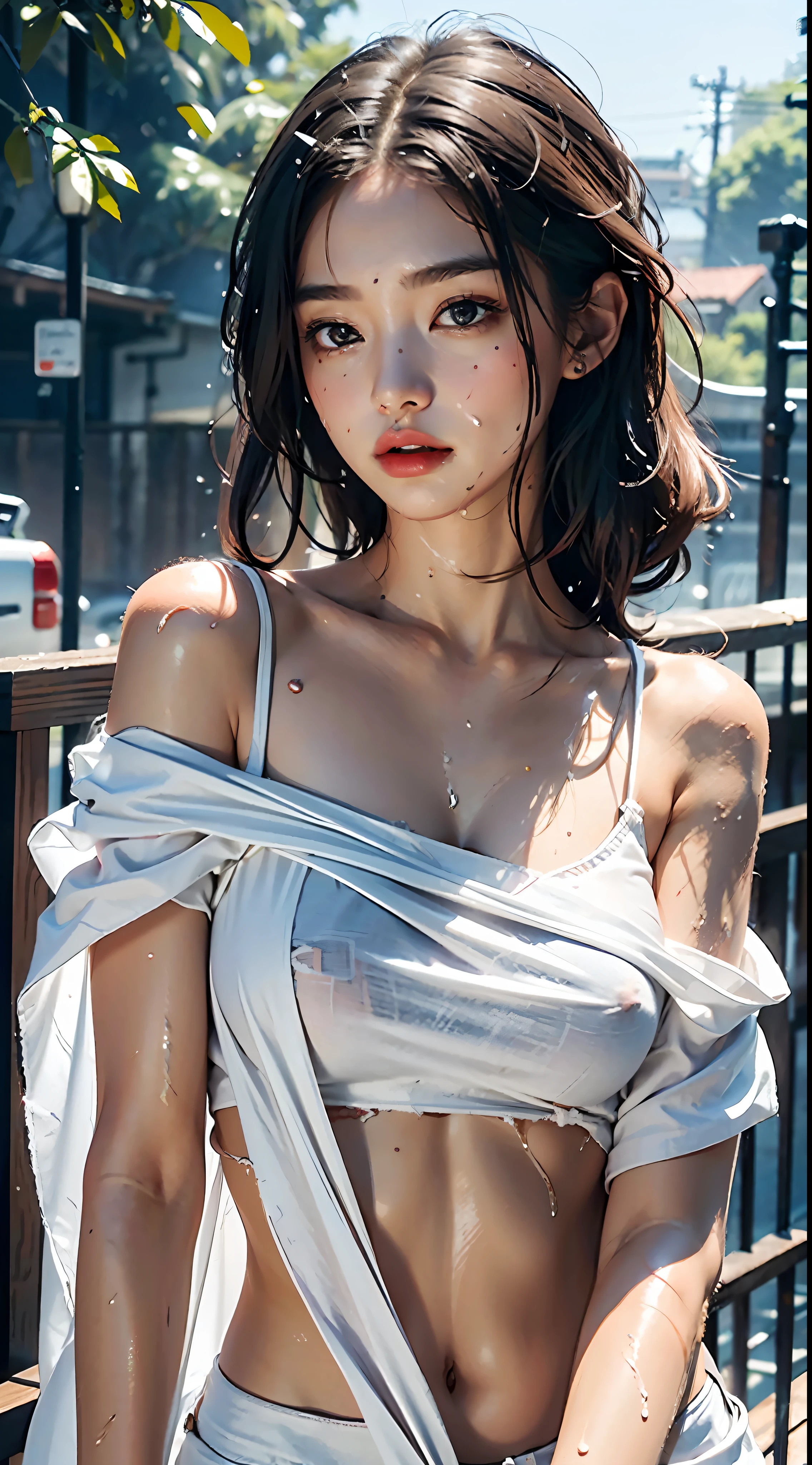 Best image quality, masterpiece, super high definition, (fidelity: 1.4), photo, one girl, [(big)], white shirt, dim, cinematic, (ripped clothes: 1.5), (wet clothes: 1.4), bare shoulders, real rain, wet hair,..