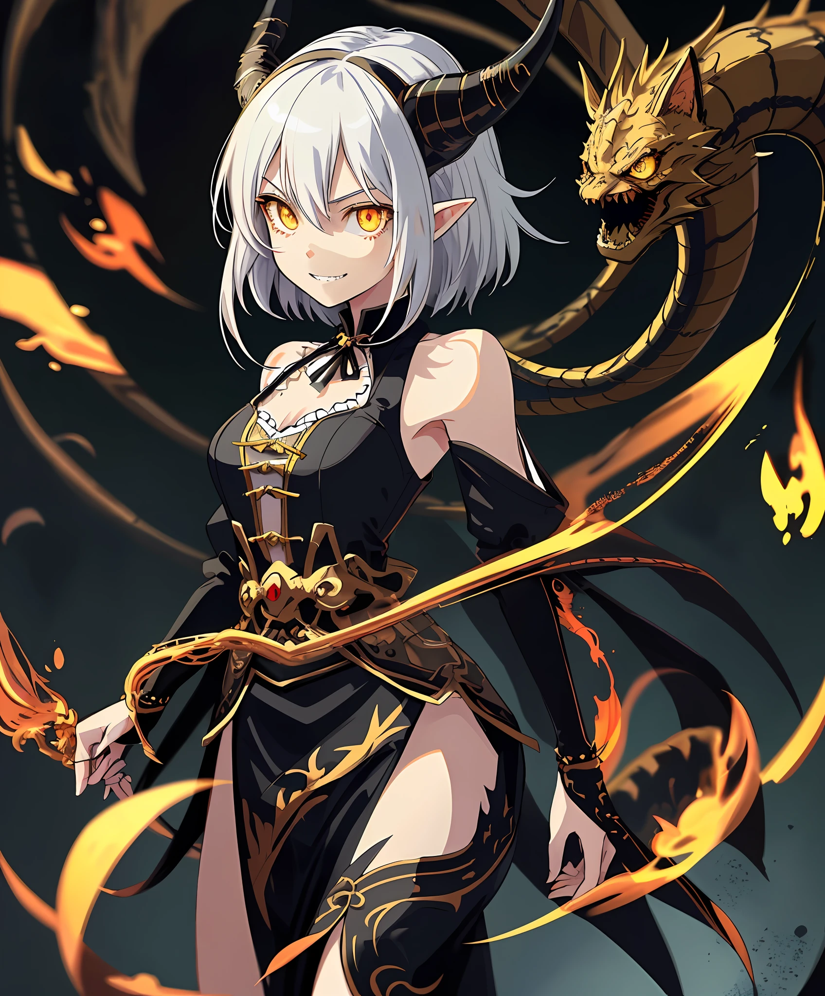 2D, masterpiece, best quality, anime, highly detailed face, highly detailed eyes, highly detailed background, perfect lighting, full body, 1girl, solo, dragon girl, incredibly detailed face and neck scales, dragon horns, bare shoulders, sharp teeth, standing, barefoot, incredibly detailed shoulder and forearm scales, cute smile, incredibly detailed yellow cat eyes,  white hair, incredibly detailed black locks, pointy ears, medium hair