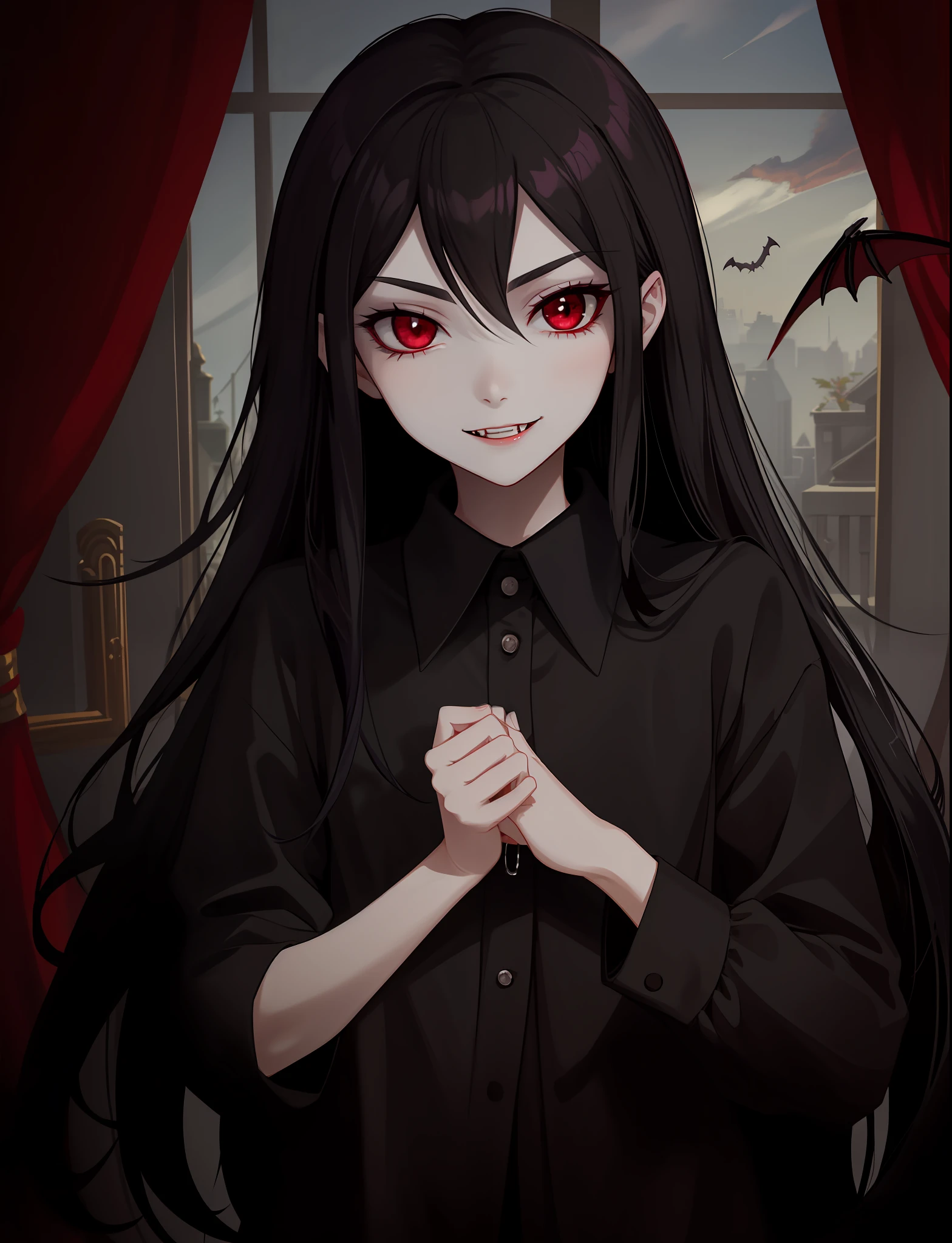 beautiful, masterpiece, best quality, 1girl, marceline abadeer, black hair, clothed, clothing, fangs, grey body, grey skin, hair, long hair, looking at viewer, plant, solo, teeth, vampire, adventure time, a-