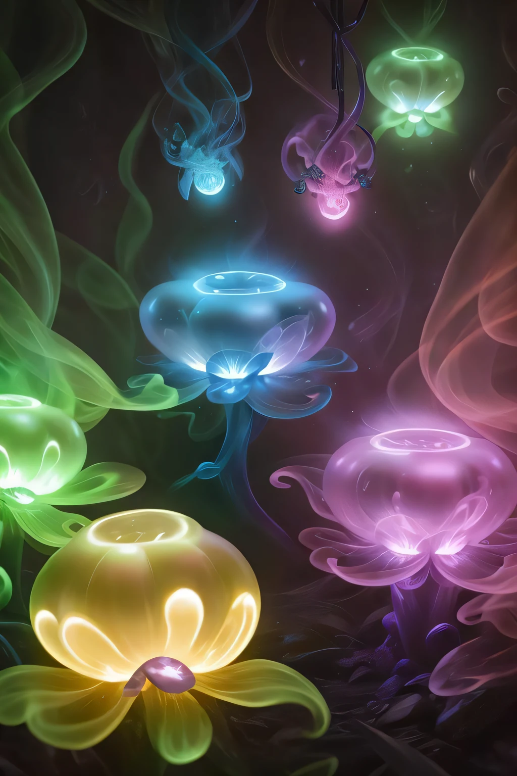 Alayna Lemmer, fantasy, (otherworldly), (intricate details, darkness) BREAK (bioluminescent flora:1.2), glowing_mushrooms, ((glowing_gems, glowing_stones):1.2), unique, creative, inventive, multicolored smokeBREAK ((highres, masterpiece:1.4, best quality:1.2), (ultra-detailed, 8k), (dynamic composition:1.3)), (video game promotion, concept art)