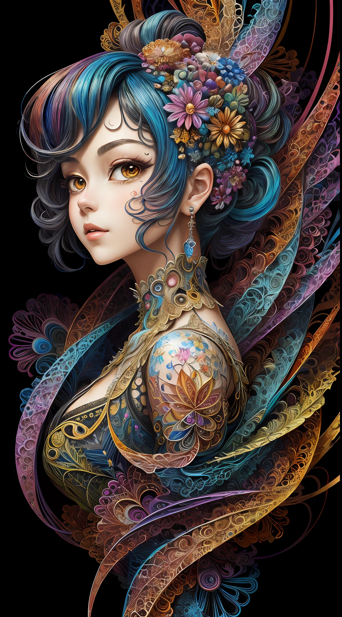 (masterpiece, top quality, best quality, official art, beautiful and aesthetic:1.2), (1girl:1.3), extremely detailed,(fractal art:1.2),colorful,highest detailed,(zentangle:1.2), (dynamic pose), (abstract background:1.5), (treditional dress:1.2), (shiny skin), (many colors:1.4), upper body, masterpiece, best quality,high quality,highres, 16K,RAW,ultra highres,ultra details,finely detail,an extremely delicate and beautiful,extremely detailed,real shadow, anime,highly detailed painted,award winning glamour paintting,wonderful paintting,art style,stylized,
