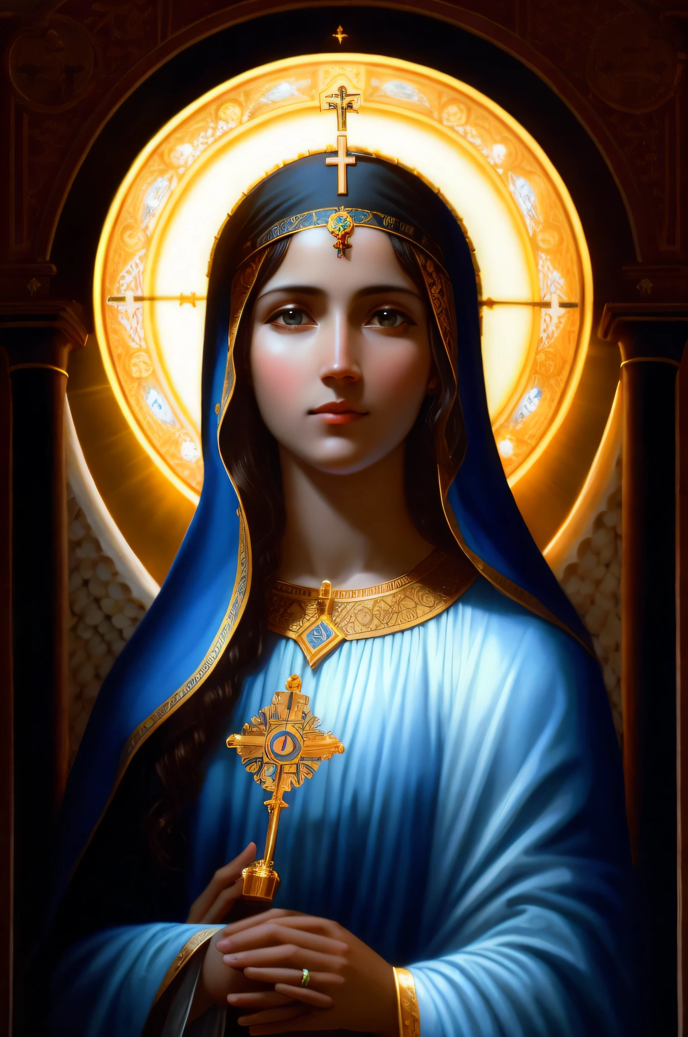 Our Lady of Aparecida, a black saint, with a blue mantle on her head, a serene and holy look, with a cross in her hands, majestic holy woman, queen of heaven, portrait of the virgin mary, virgin mary, roman catholic icon, catholic iconography, sacred iconography, catholic religious art, religious iconography, mary in a shrine, portrait of the queen of light, holy woman, portrait of the goddess 3d, by Nikita Veprikov
