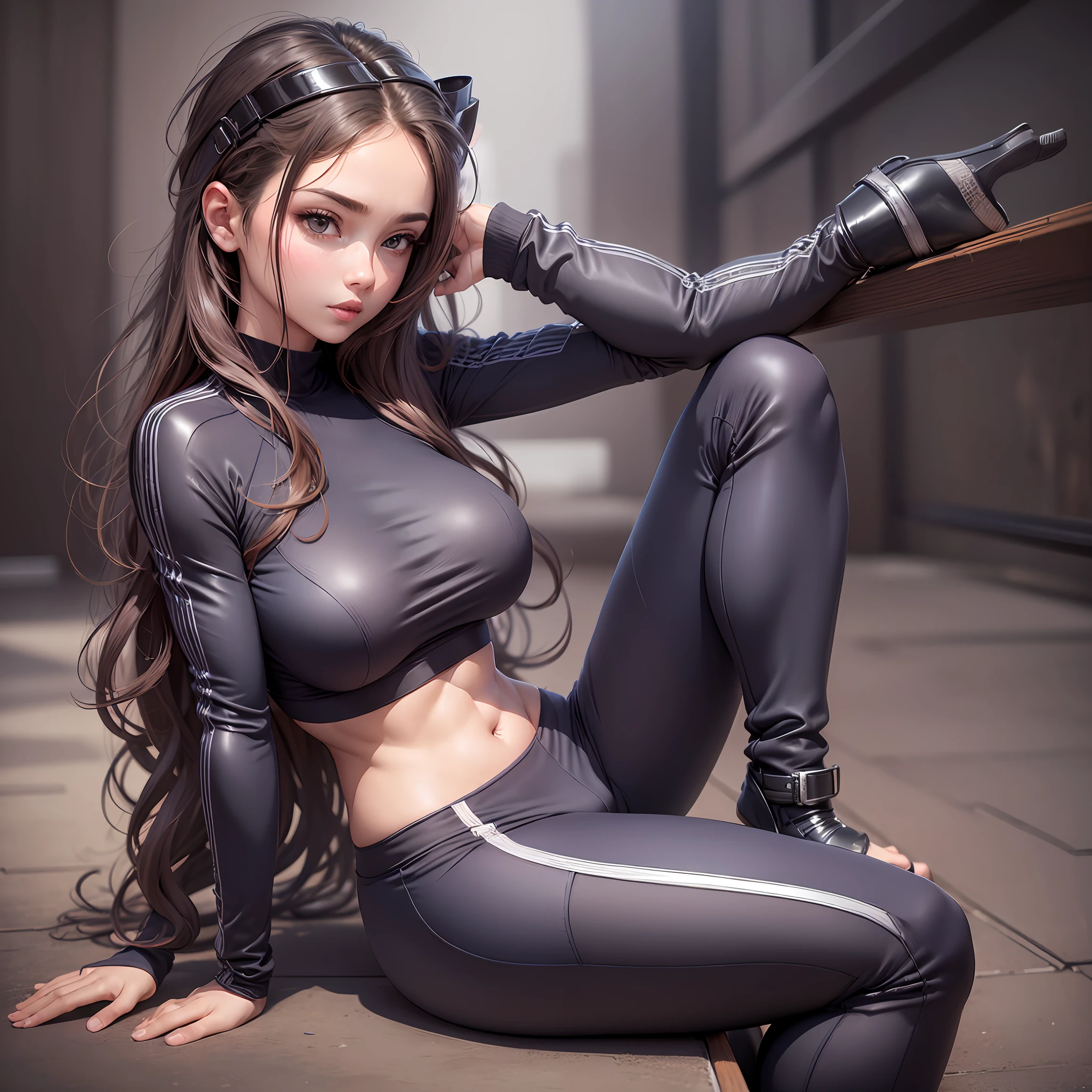 1 girl, sitting, sexy seductive pose, (single, full-body, young, big breasts: 1.2), detailed face, shiny skin, intricate details, sportswear and tight sweatpants, clothes and pants with elastic breathable material, perfect fit to the figure, look at the audience.