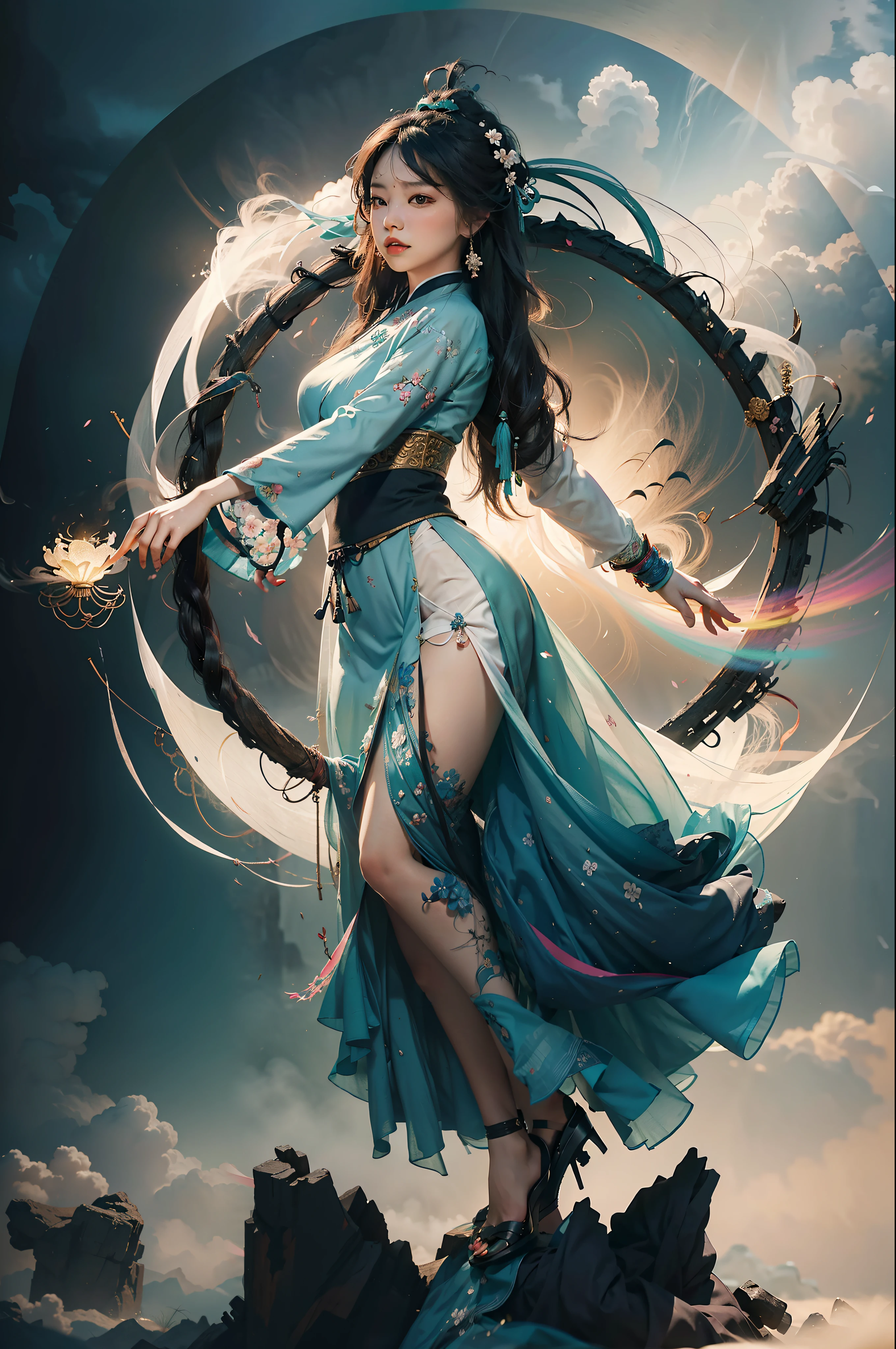 Zhong Fenghua, 1 girl, (full body:1.5) ,solo, hanfu, flower field, blossom, (white smoke:1.3) (realistic:1.4), zen entanglement, mandala, entanglement, official art, unity 8k wallpaper, super detailed, beautiful and beautiful, masterpiece, best quality, (dynamic angle: 1.4), glowing skin, (floating colorful flashes: 1) the most beautiful chaotic forms, elegance, brutalist design, bright colors, romantic depth of field,