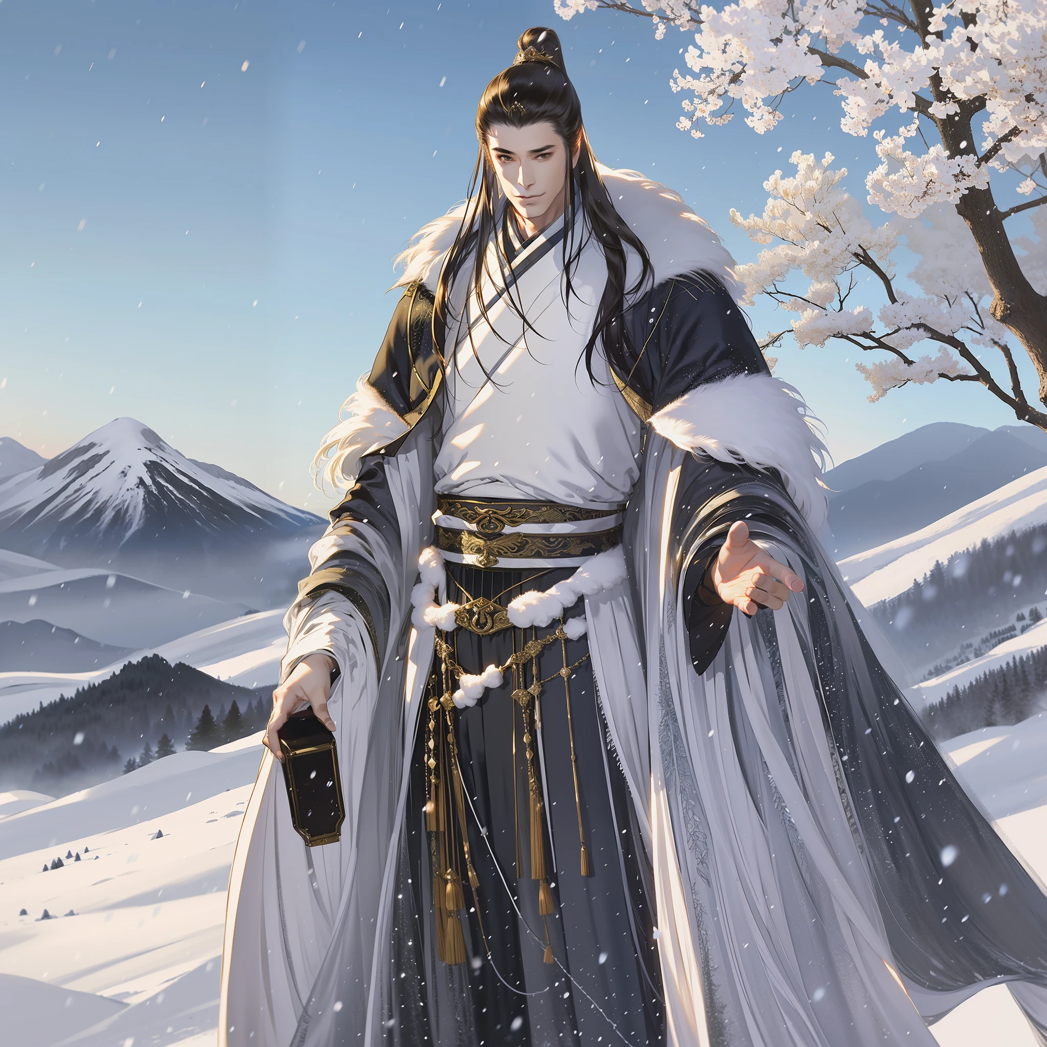 A handsome man in ancient China standing under a tree, all over, dignified temperament, flowing long skirt, furry cape, clear face, resolute eyes, heavy snow, trees, mountains, movie edge light, delicate light, masterpiece, super detailed, epic composition, super HD, high quality, highest quality, 32k