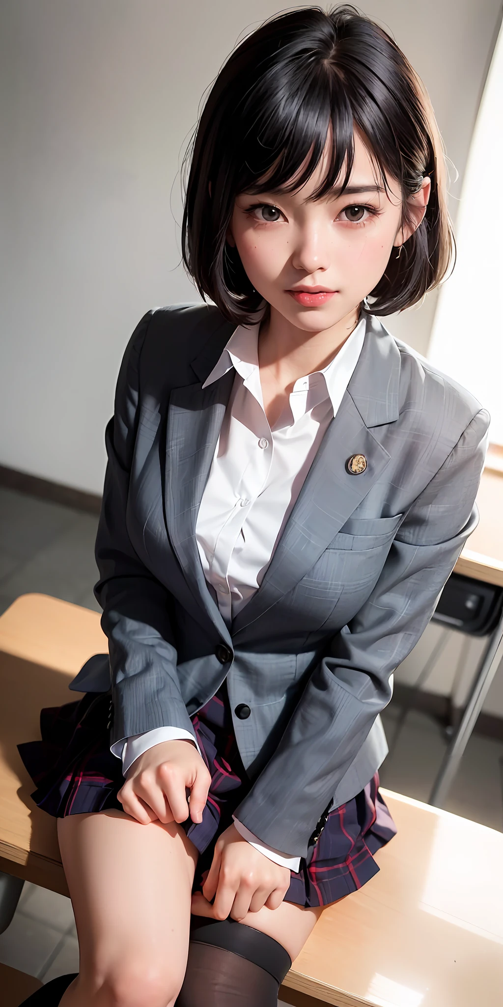 ((8k, RAW photos, top quality, masterpieces), high-definition RAW color photos professional close-up photos, (realistic, photorealism: 1.37), (highest quality), (best shadows), (best illustrations), collarbones ((big)), ((erotic, sexy, ultra high resolution, high-definition CG unified 8K wallpapers, physically based rendering, movie lighting), (aegyo sal:1), 18 year old girl, (grey blazer, ribbon, socks, high school uniform: 1.2), high school classroom, beautiful detail eyes, light on the face, ((full body shot: 1.2)), especially strong light, (upper eyes, grinning smile:1.2),shiny skin, (((black hair, bob hair:1.2))), ( thick thighs), ulzzang-6500-v1.1:0.2, shy, (flash:1.2), NSFW , (puffy), ((seductive posture: 1.2, attractive: 1.2)), (idle), (sitting at a desk in classroom: 1.2)), ((good anatomy: 1.2)), ((bright and refreshing classroom, background blurred: 1.2)), perfect face, cute face, (high angle shot:1.2)