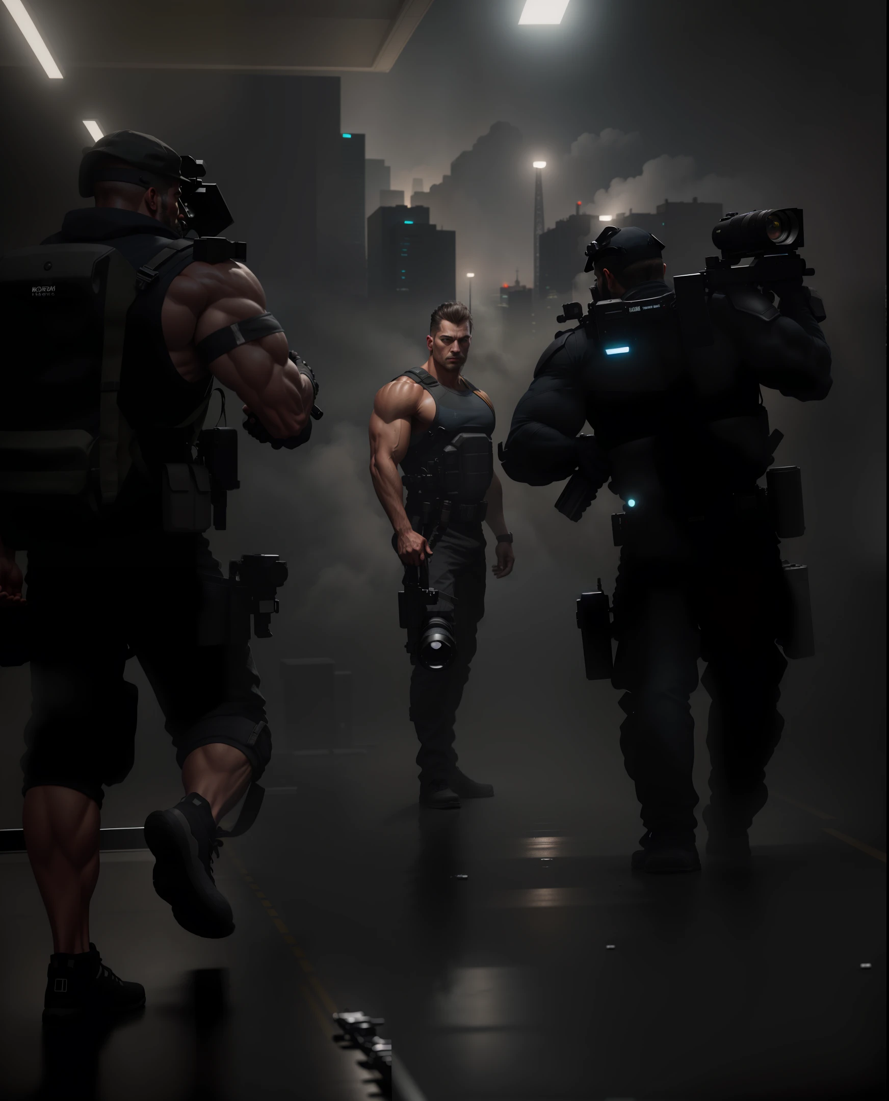 fitness man,strong man holding a gun,one man standing holding a gun and the other man on the ground, a shadowy city behind man, ultra realistic image, HD image, Full HD, Full definition, realism, ultra realistic quality, photography,professional photo, 8K, cinematic lighting, photographic, Eastman Kodak Color Negative film 5251 50T shot on panavision super ps . No arms,Light through the mist morning fog, highly detailed, photorealistic portrait, bright studio setting, studio lighting, crisp quality and light reflections, unreal engine 5 quality render, realistic face,naturals body figure on Instagram, full body shot, telephoto lens, 50mm --auto --s2