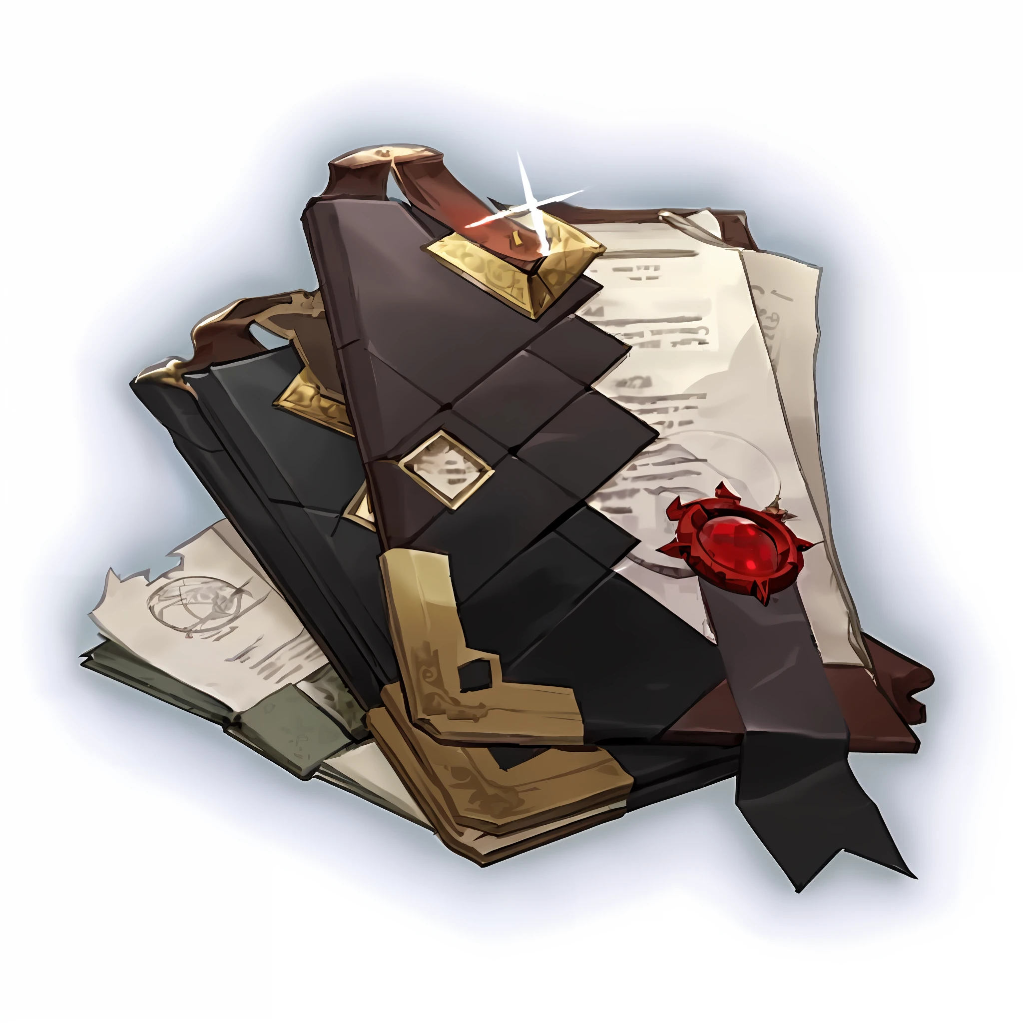 a close up of a pile of papers and a piece of paper, grimoire, item art, floating spellbook, lost grimoire, grimoire page, modular item, eldritch legislature, spell book, ability image, holding grimoire, scrolls, very stylized, stylized art, discarded scrolls, world of warcraft spell icon, legendary item