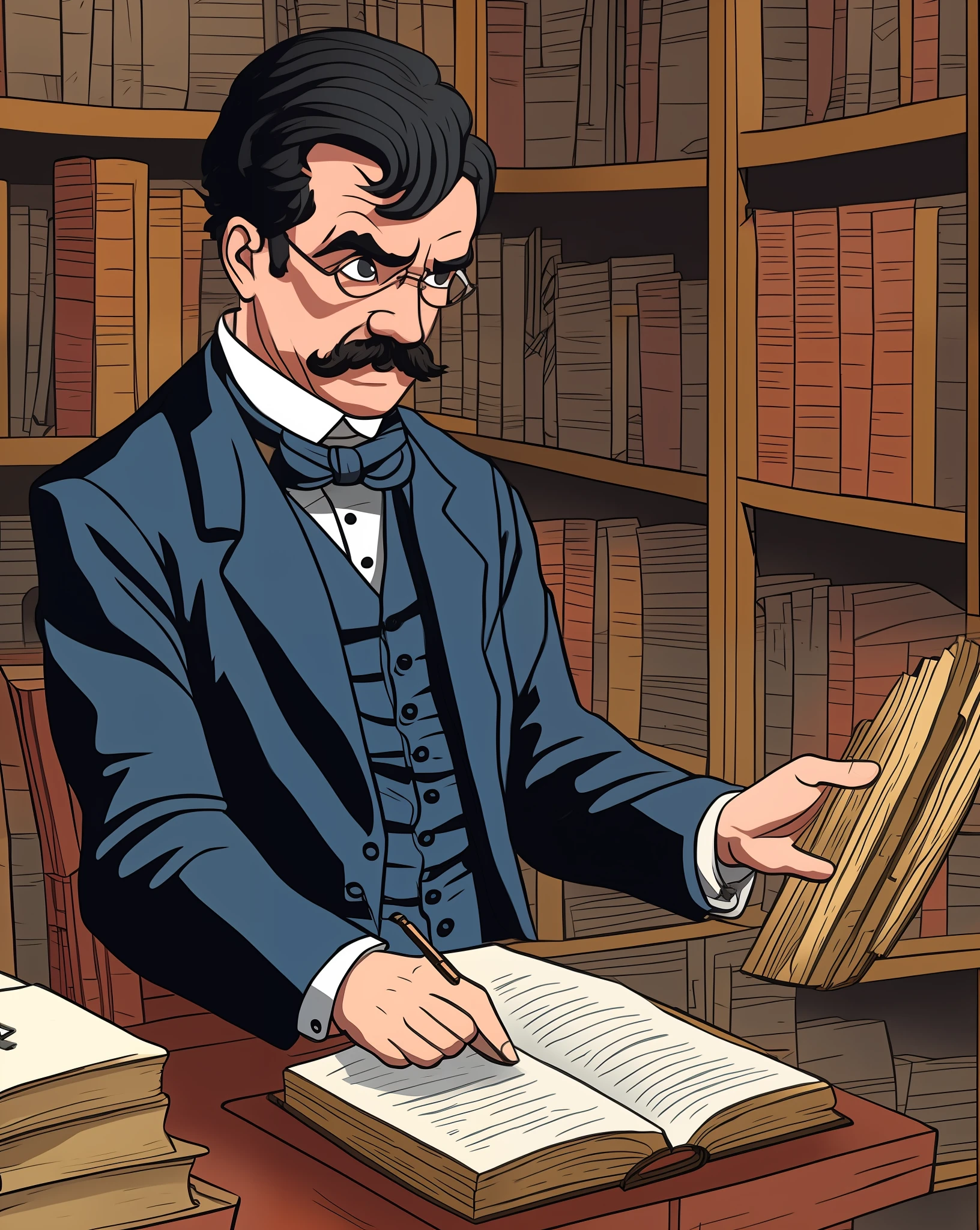 Cartoon of Nietzsche with Kafka and Edgar Allan Poe talking in an old, dimly lit library. --auto --s2