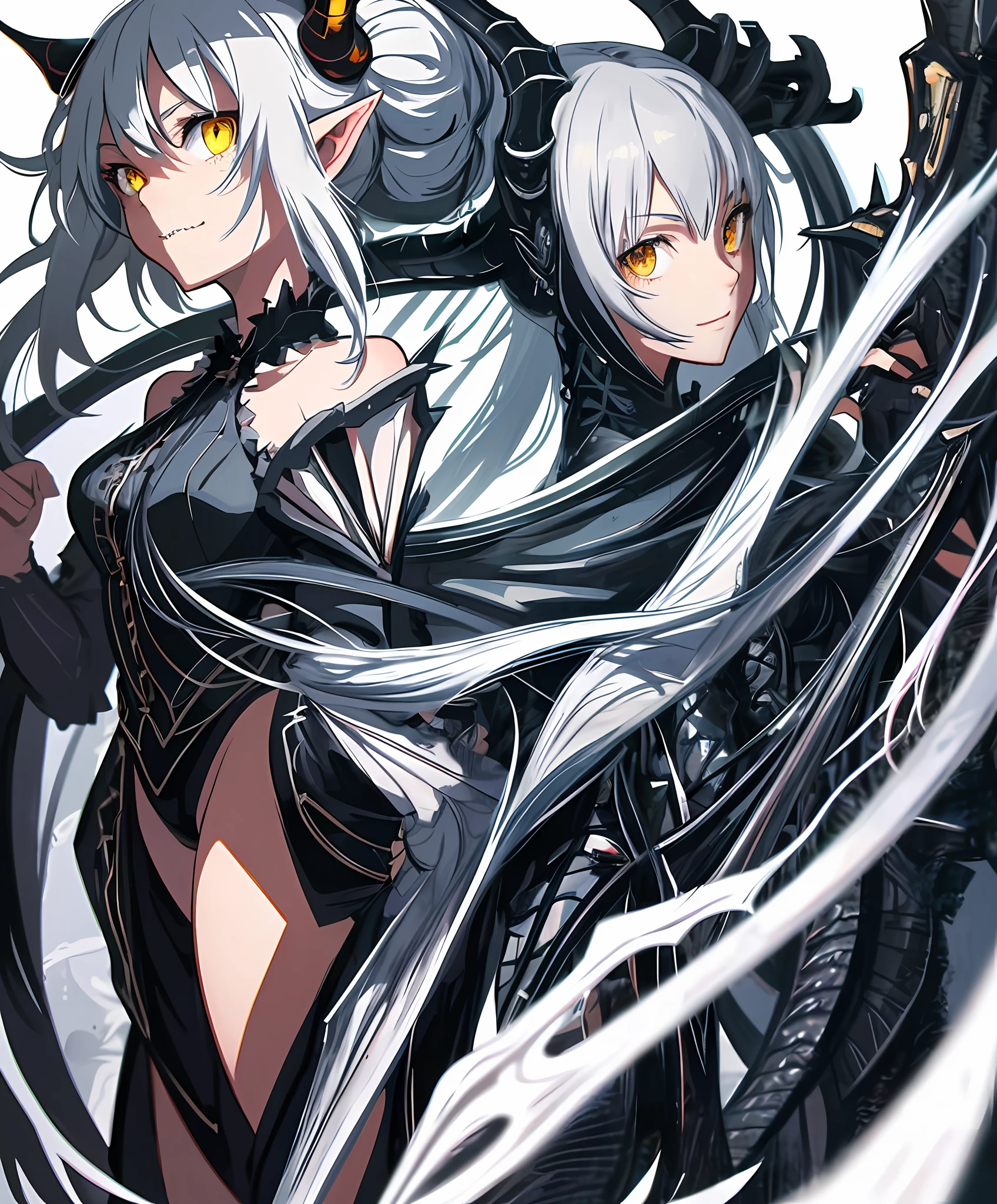 2D, masterpiece, best quality, anime, highly detailed face, highly detailed eyes, highly detailed background, perfect lighting, full body, 1girl, solo, dragon girl, incredibly detailed face and neck scales, dragon horns, bare shoulders, sharp teeth, standing, barefoot, incredibly detailed shoulder and forearm scales, cute smile, incredibly detailed yellow cat eyes,  white hair, incredibly detailed black locks, pointy ears, medium hair