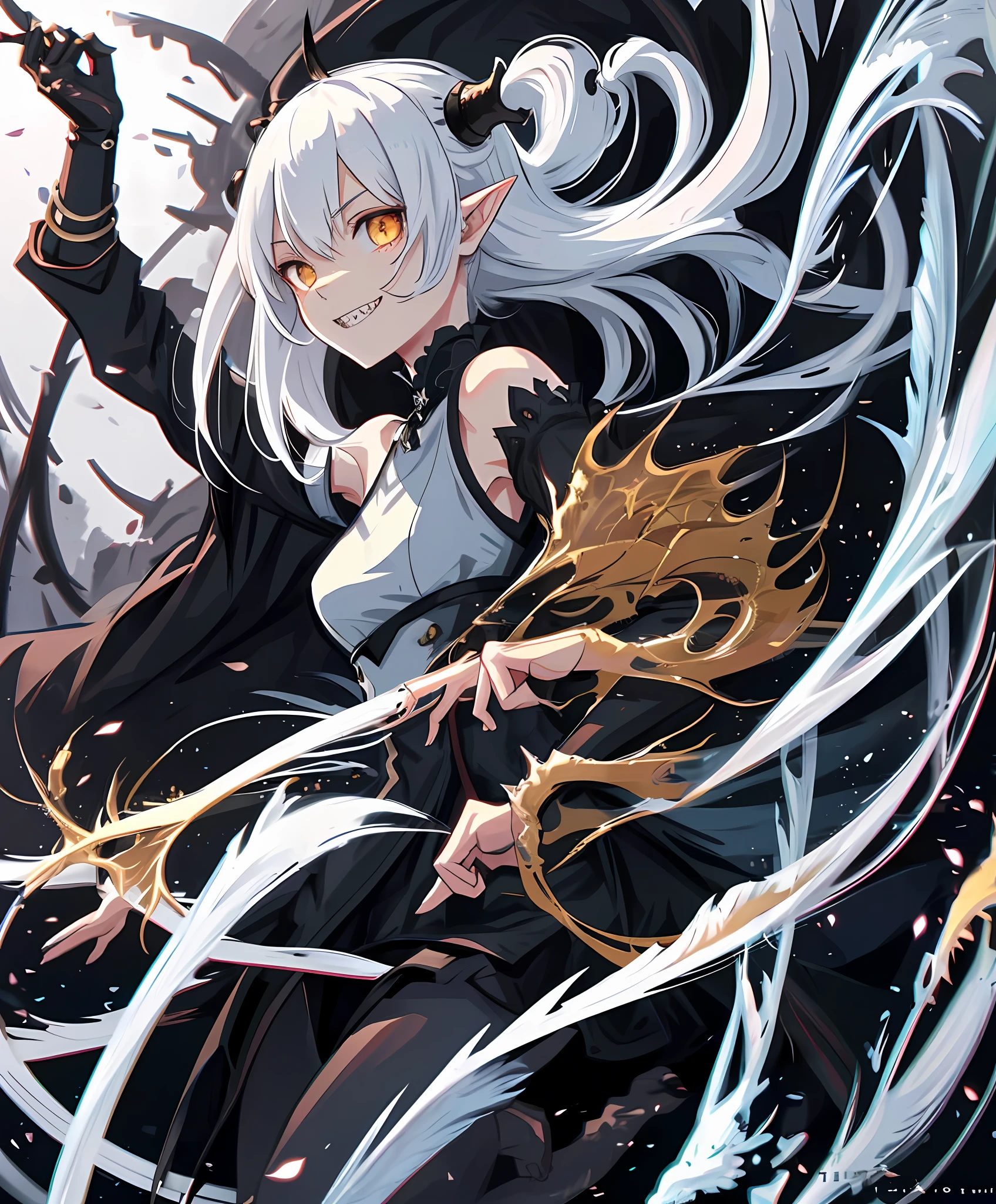 2D, masterpiece, best quality, anime, highly detailed face, highly detailed eyes, highly detailed background, perfect lighting, full body, 1girl, solo, dragon girl, incredibly detailed face and neck scales, dragon horns, bare shoulders, sharp teeth, standing, barefoot, incredibly detailed shoulder and forearm scales, cute smile, incredibly detailed yellow cat eyes,  white hair, incredibly detailed black locks, pointy ears, medium hair