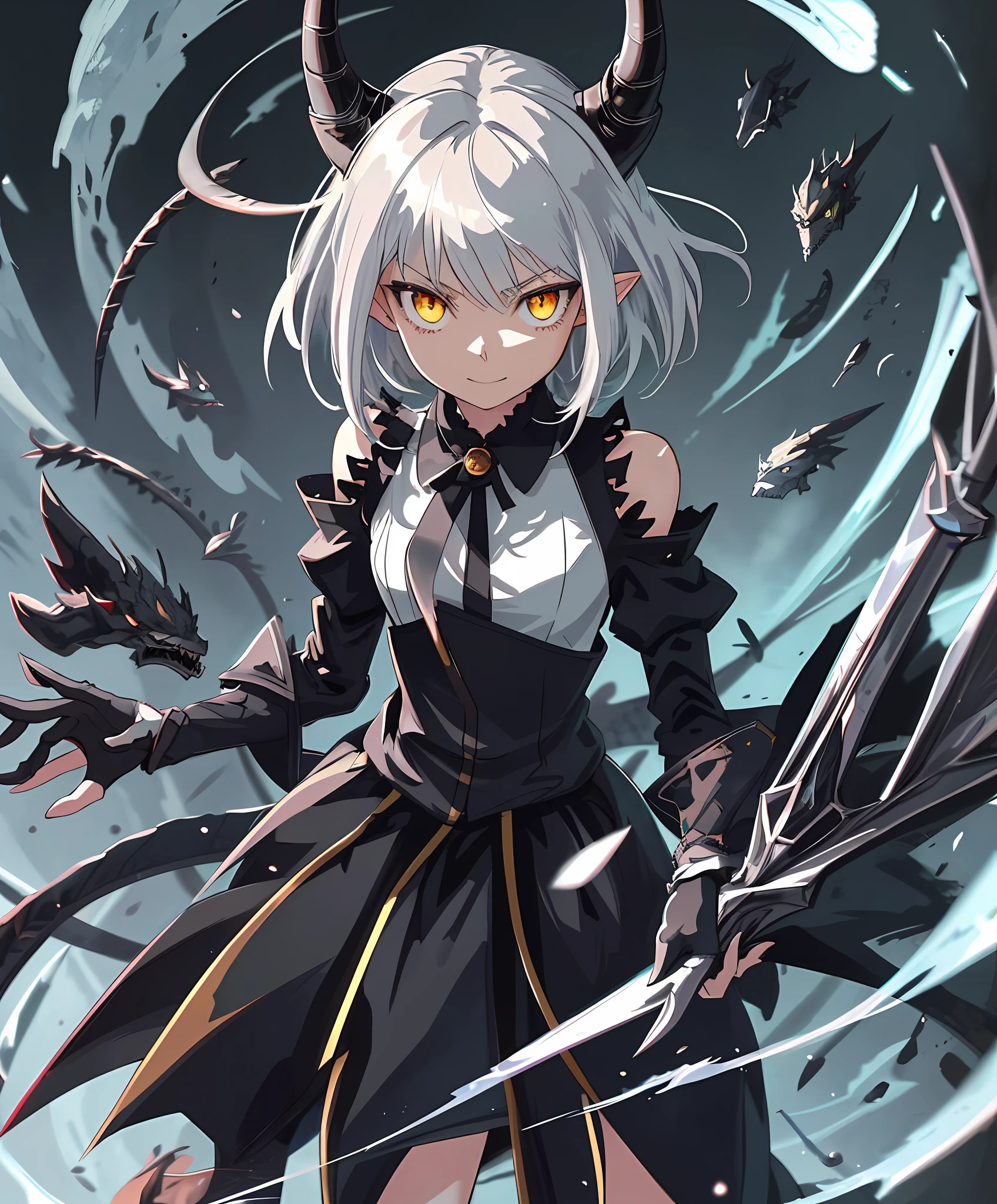 2D, masterpiece, best quality, anime, highly detailed face, highly detailed eyes, highly detailed background, perfect lighting, full body, 1girl, solo, dragon girl, incredibly detailed face and neck scales, dragon horns, bare shoulders, sharp teeth, standing, barefoot, incredibly detailed shoulder and forearm scales, cute smile, incredibly detailed yellow cat eyes, white hair, incredibly detailed black locks, pointy ears, medium hair