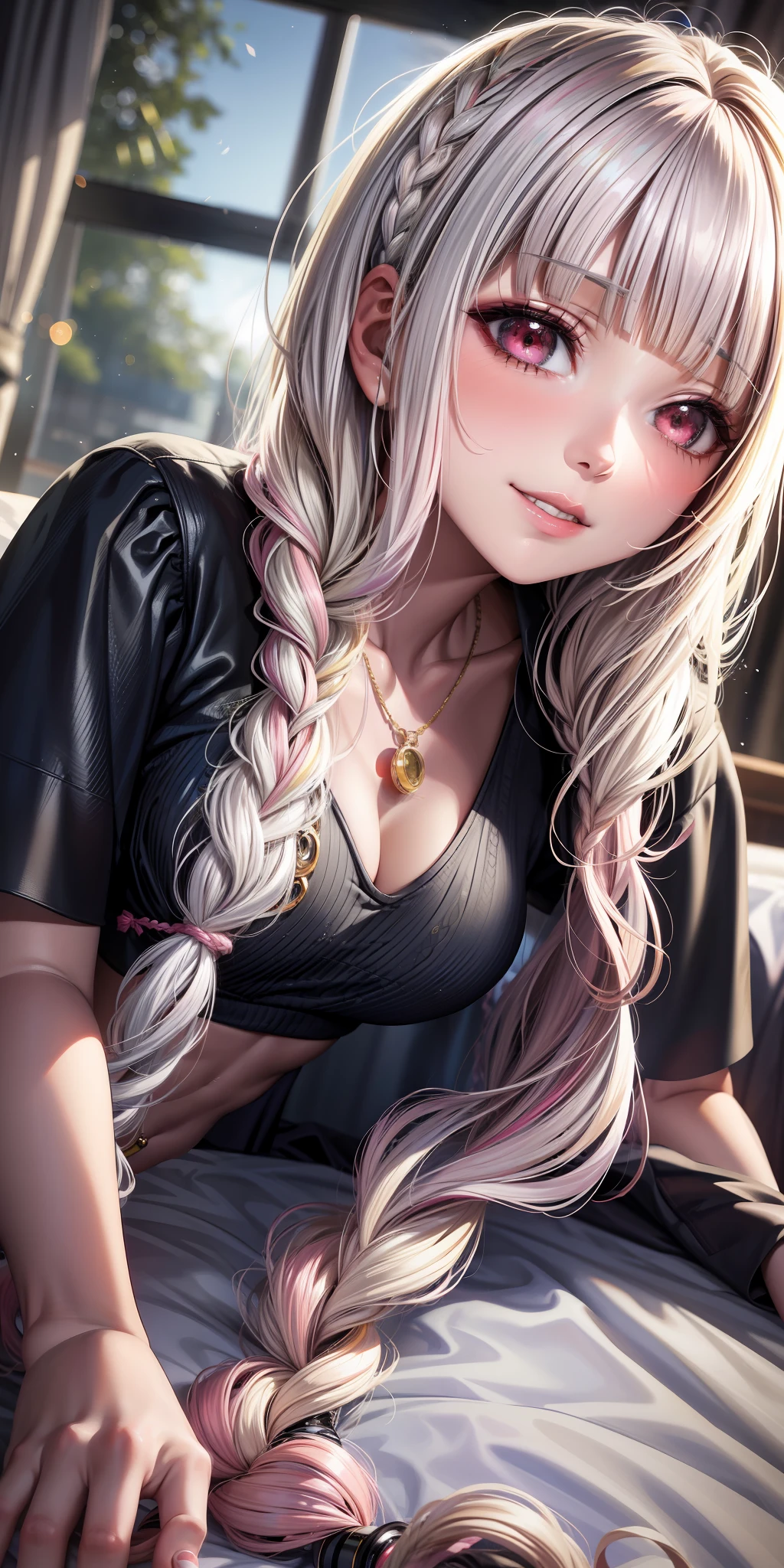 (((anime))), ((animated)), (GAL:1.3), medium hair, (braid hair:1.3), (blunt bangs:1.2),two-tone hair, blonde hair, (pink hair), round face, red eyes, (drooping eyes), (((tareme))),Pink Lip,piercing,necklace,[black skin],(gleaming skin),seductive grin smug,blush, ((((cute)))), beautiful, 1 girl, solo,(rlingerie:1.2),beautiful background,(bed:1.5),((morning)),sunlight,backlighting,masterpiece,best quality,exquisite,8k,absurdres,super fine illustration,(looking down at viewer),(slouch),((all fours))