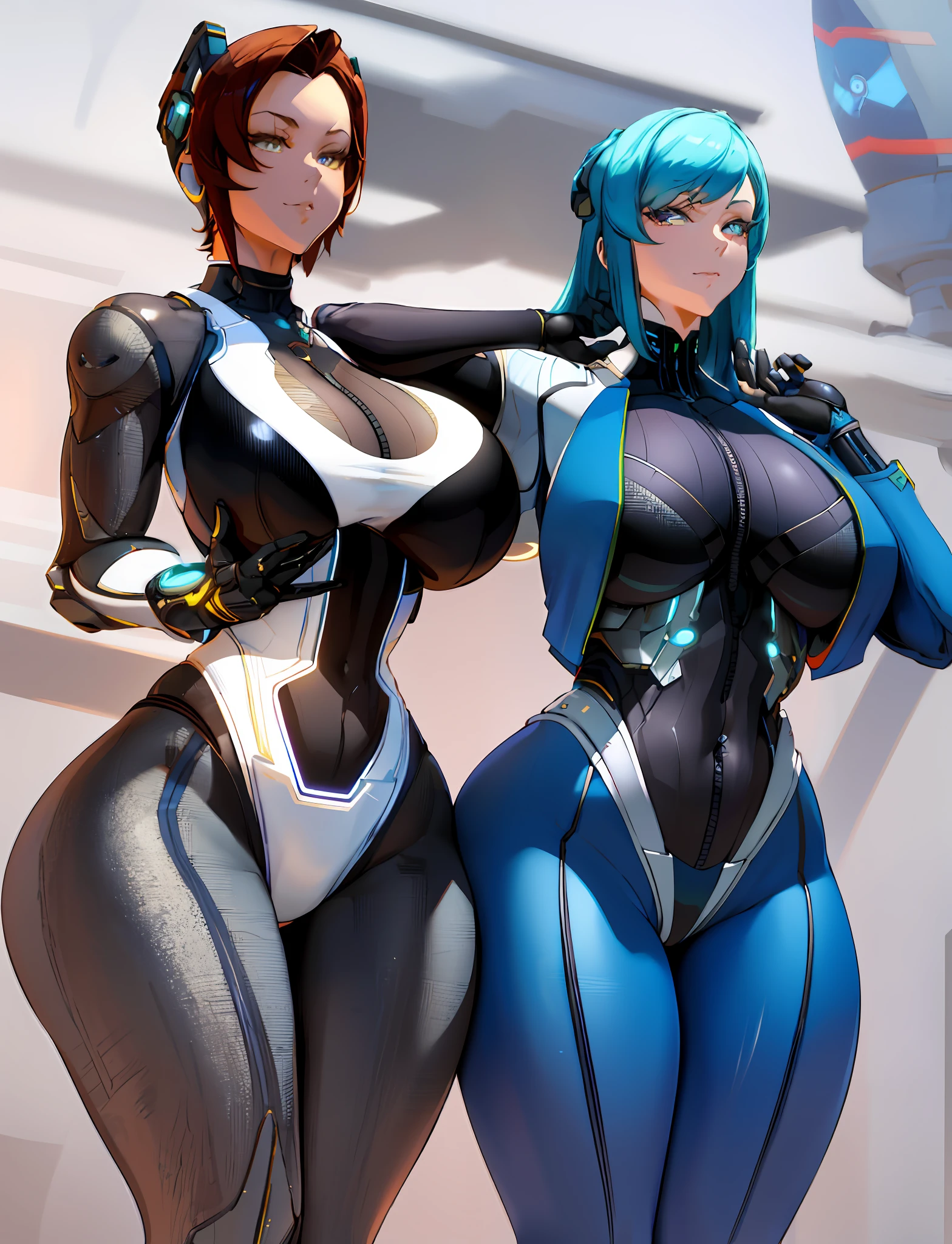 there are two women in futuristic costumes posing for a picture, rendered in sfm, thick smooth warframe thighs, thicc, cybersuits, commission for high res, skintight suits, gynoid body, biomechanical oppai, jazza and rossdraws, diverse cybersuits, rendered in 4 k, kda, range murata and artgerm