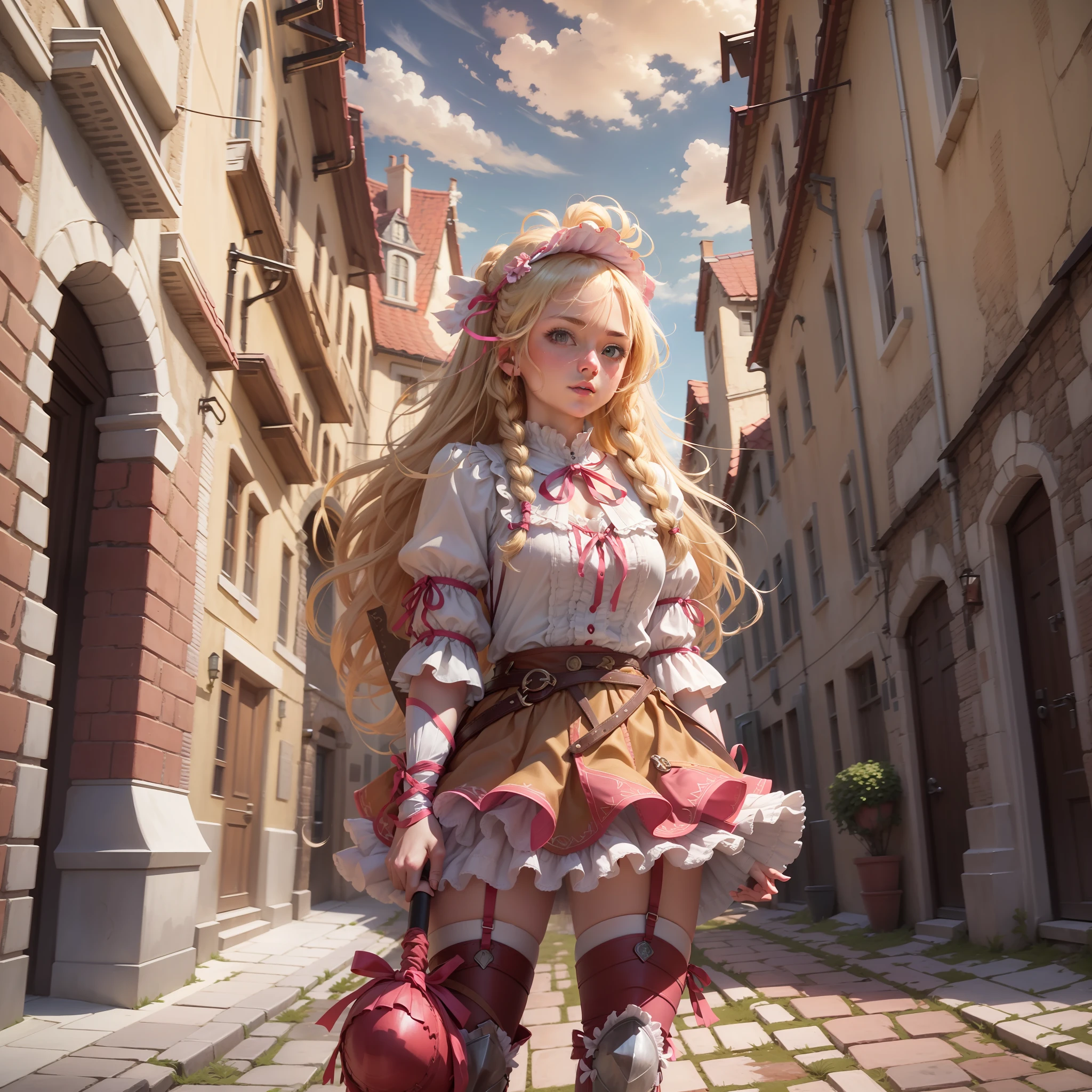 Describe an image of a blonde girl with hair in two braids, tied with red ribbon. She is wearing a pink medieval blouse with white ruffles and white collar, a short pink skirt, long wine socks and a wine boot on one leg. Also, the girl is wearing knee armor. In the image, she is holding a large axe with one hand